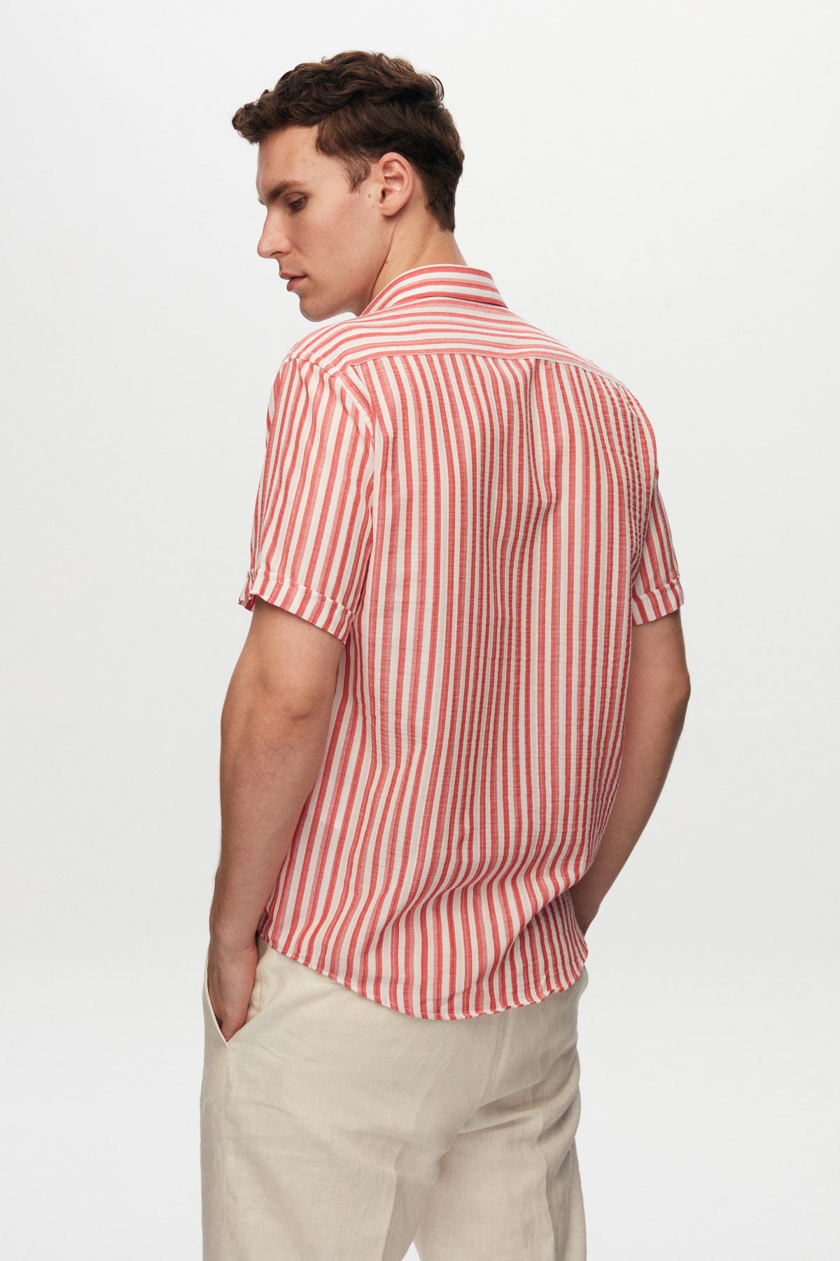 Ds Damat Slim Fit Crinkled Striped Short-Sleeve Summer Shirt - Brick