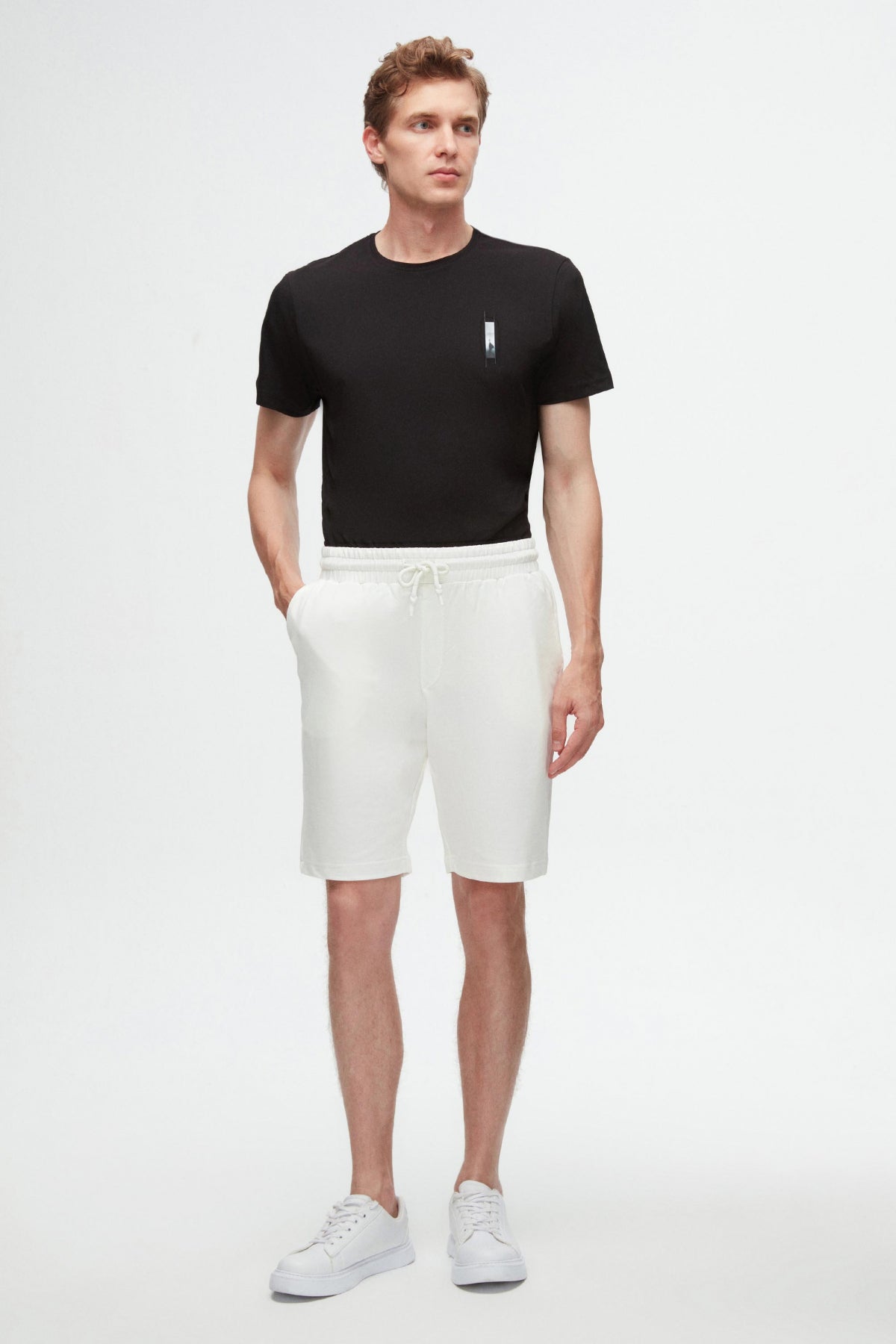 Ds Damat Slim Fit Elastic Waist Drawstring Relaxed Cotton Knit Shorts - Ecru