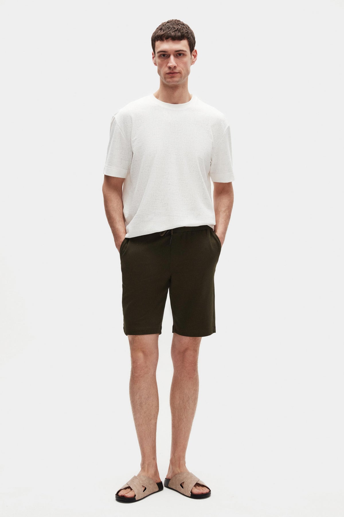 Ds Damat Slim Fit Elastic Waist Drawstring Relaxed Cotton Knit Shorts - Khaki