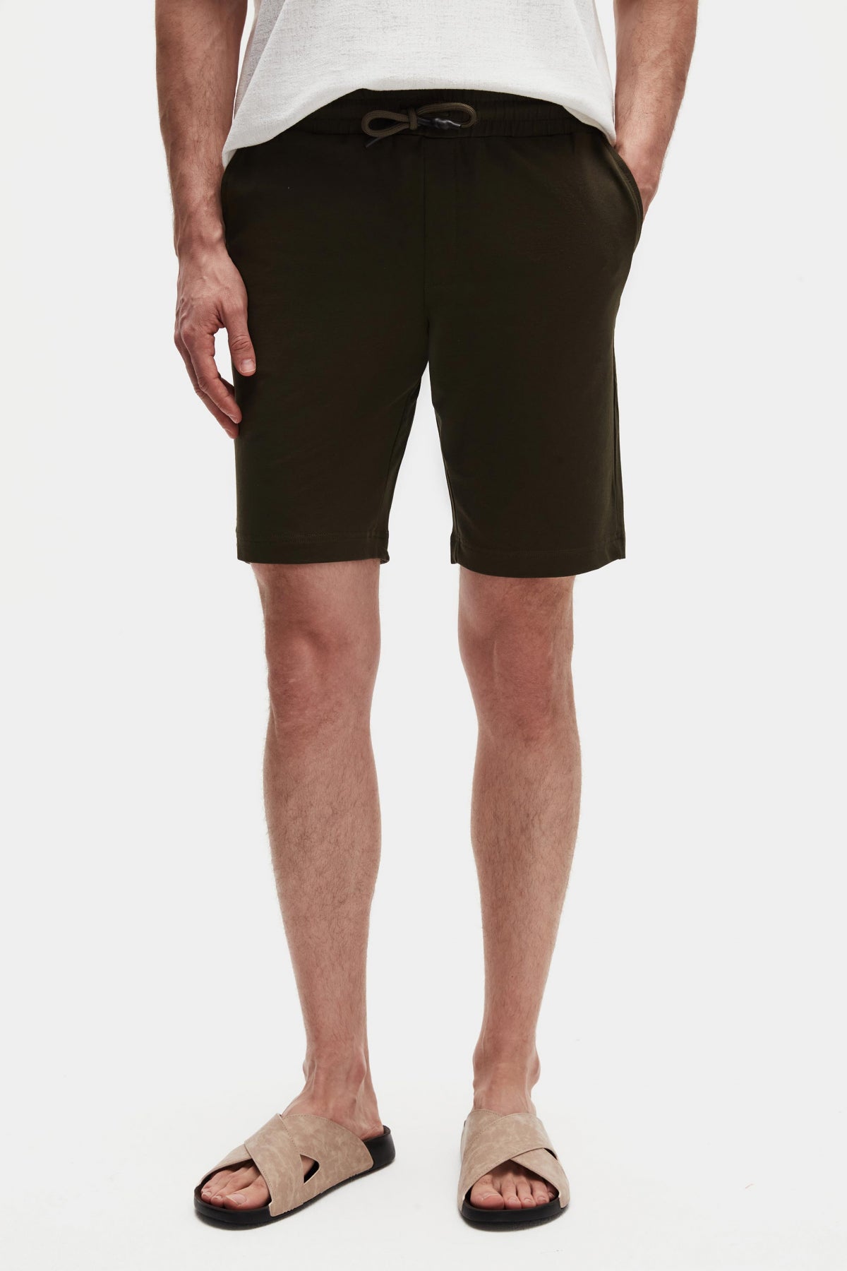 Ds Damat Slim Fit Elastic Waist Drawstring Relaxed Cotton Knit Shorts - Khaki