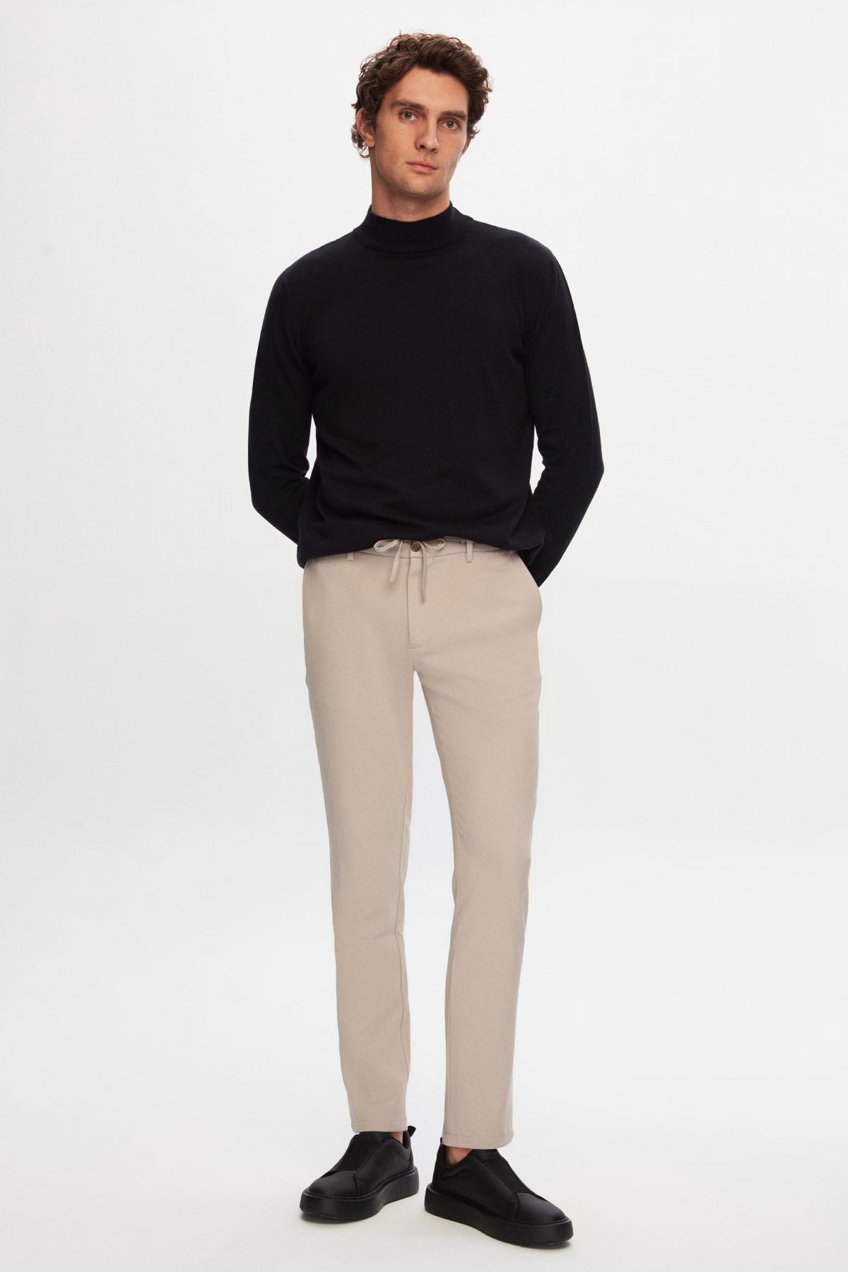 Ds Damat Slim Fit Elastic Waist Drawstring Zippered Stretchable Relaxed Jogger Pants - Beige