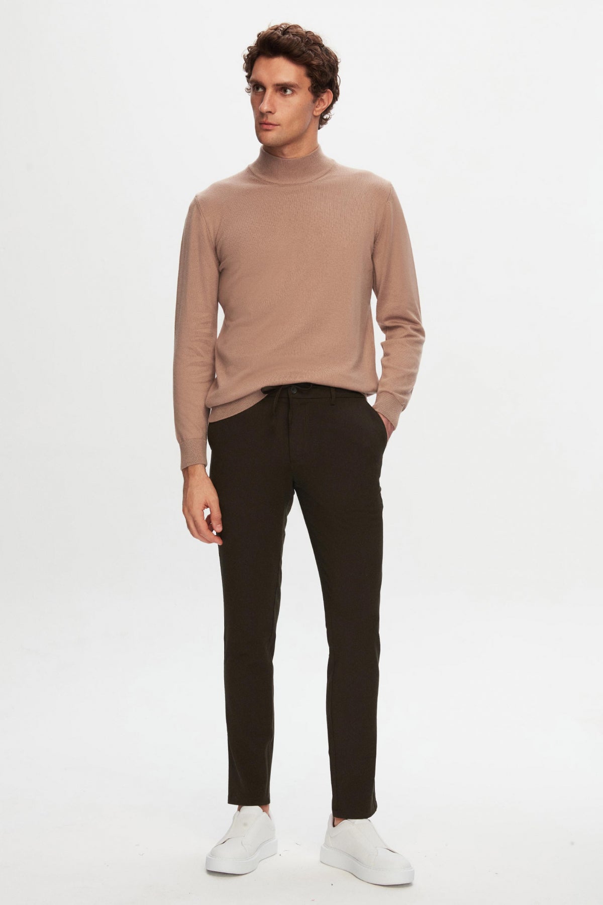 Ds Damat Slim Fit Elastic Waist Drawstring Zippered Stretchable Relaxed Jogger Pants - Khaki