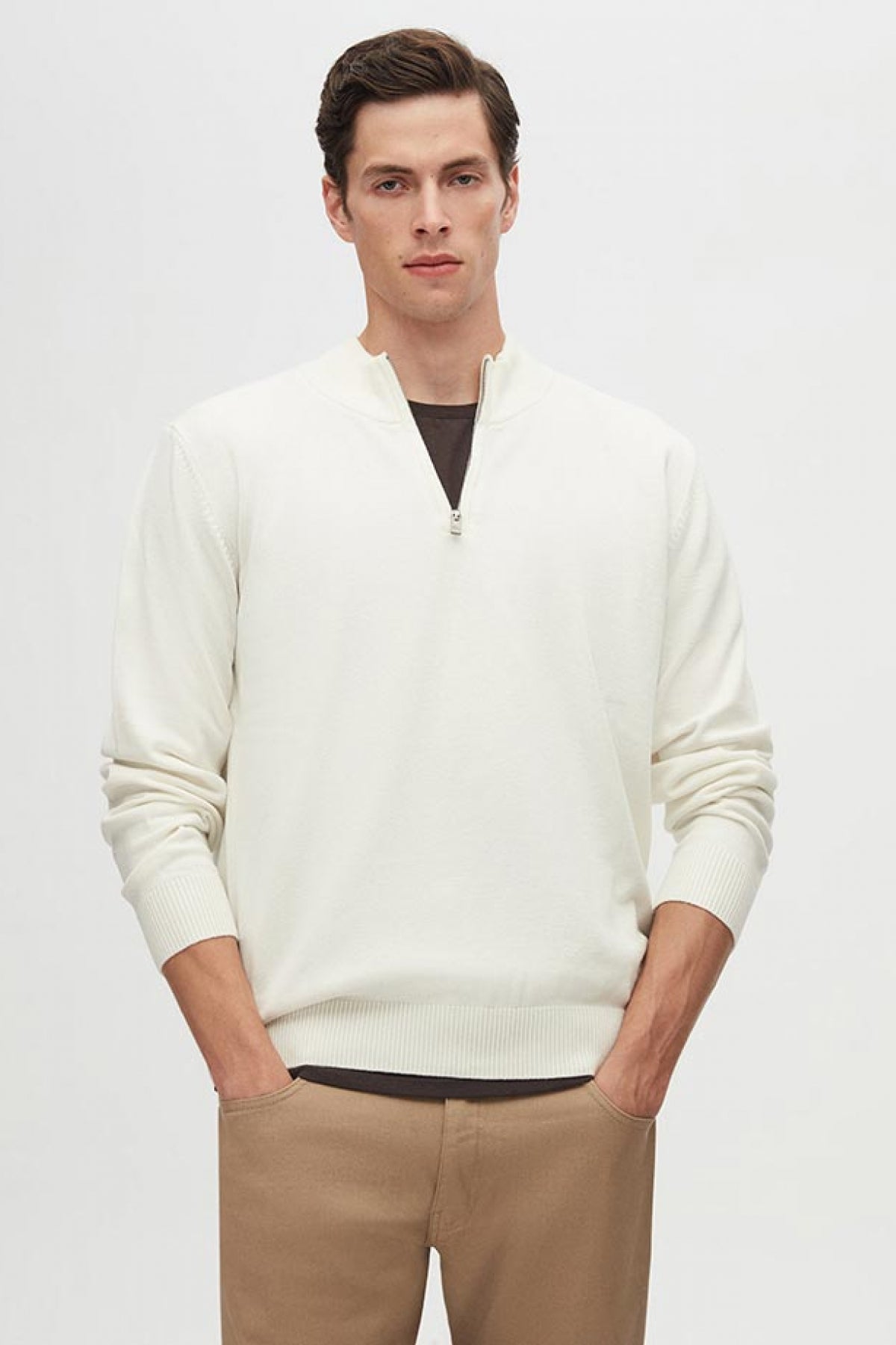 Ds Damat Slim Fit Half-Zip Knit Sweater - Ecru