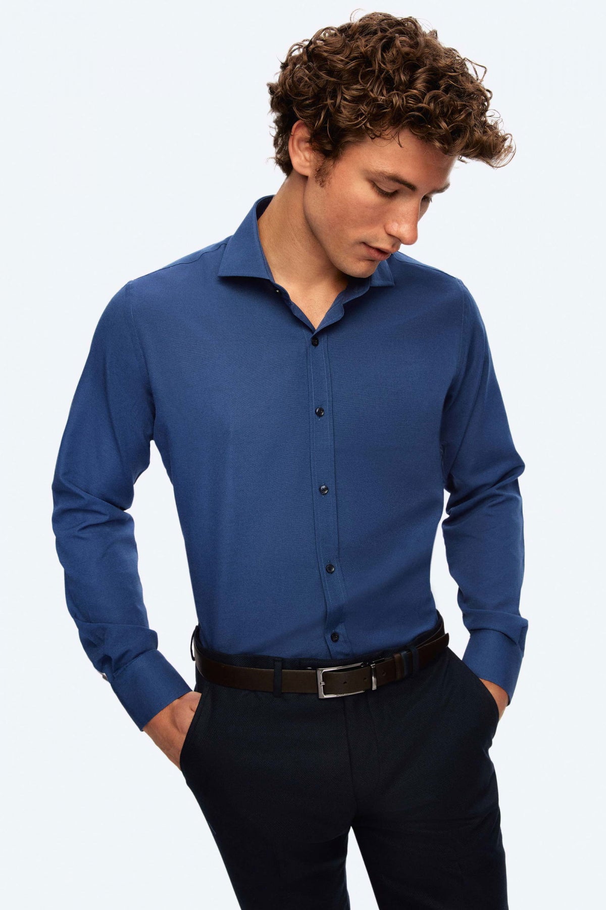Ds Damat Slim Fit Italian Collar Slim Cut Classic Tie Long-Sleeve Easy-Iron Breathable Shirt - Navy Blue