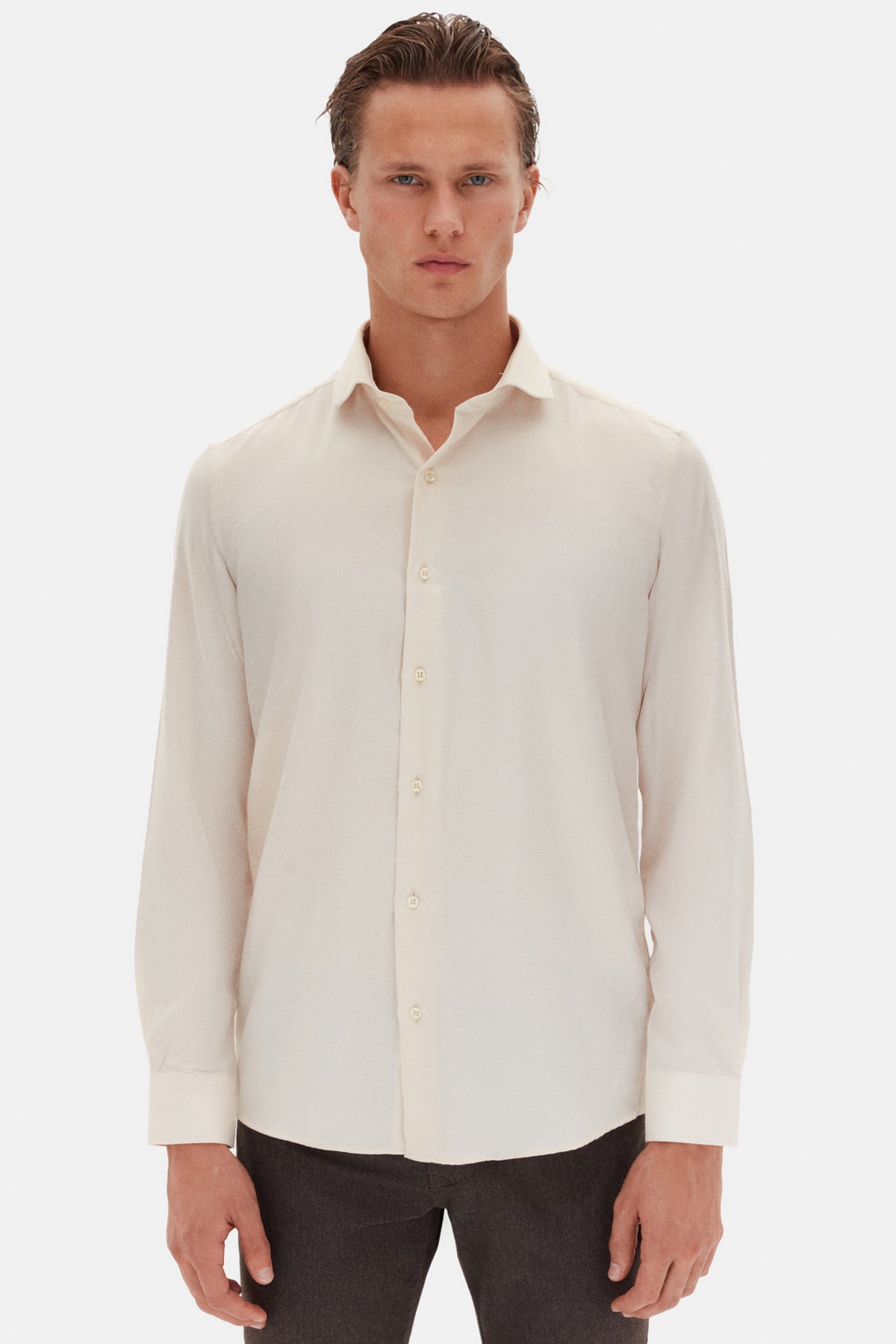 Ds Damat Slim Fit Italian Collar Textured Long-Sleeve Easy-Iron Breathable Four-Season Shirt - Beige