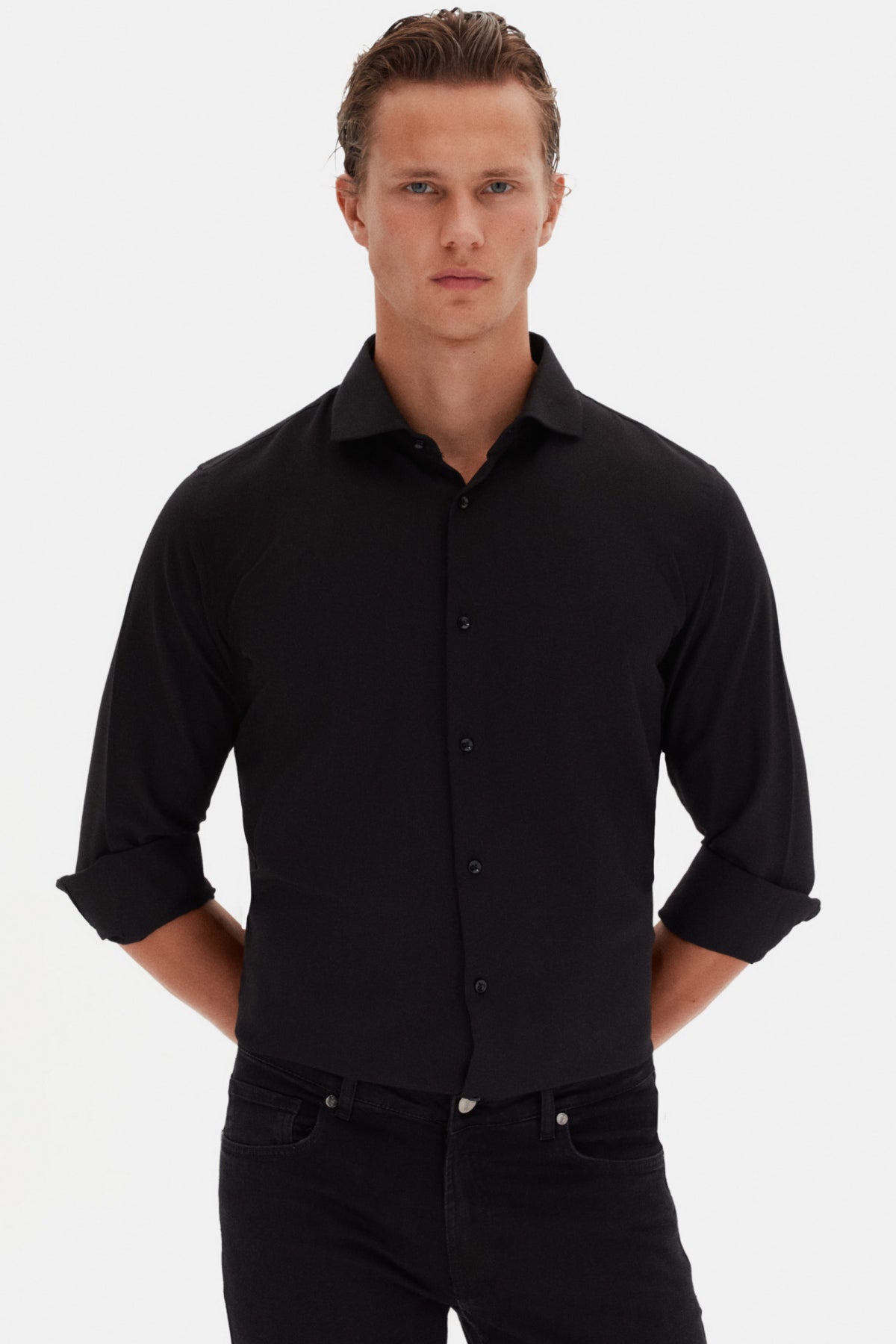 Ds Damat Slim Fit Italian Collar Textured Long-Sleeve Easy-Iron Breathable Four-Season Shirt - Black