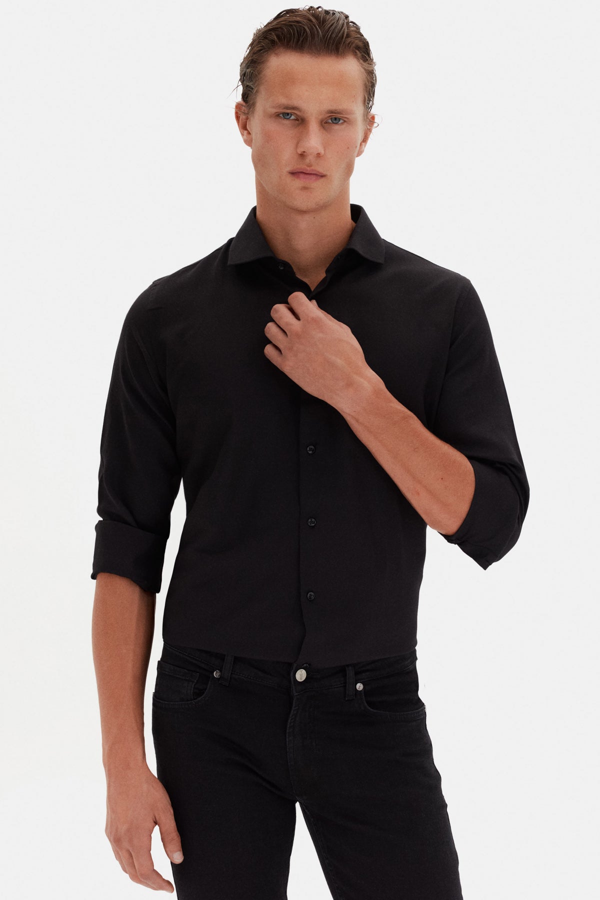 Ds Damat Slim Fit Italian Collar Textured Long-Sleeve Easy-Iron Breathable Four-Season Shirt - Black