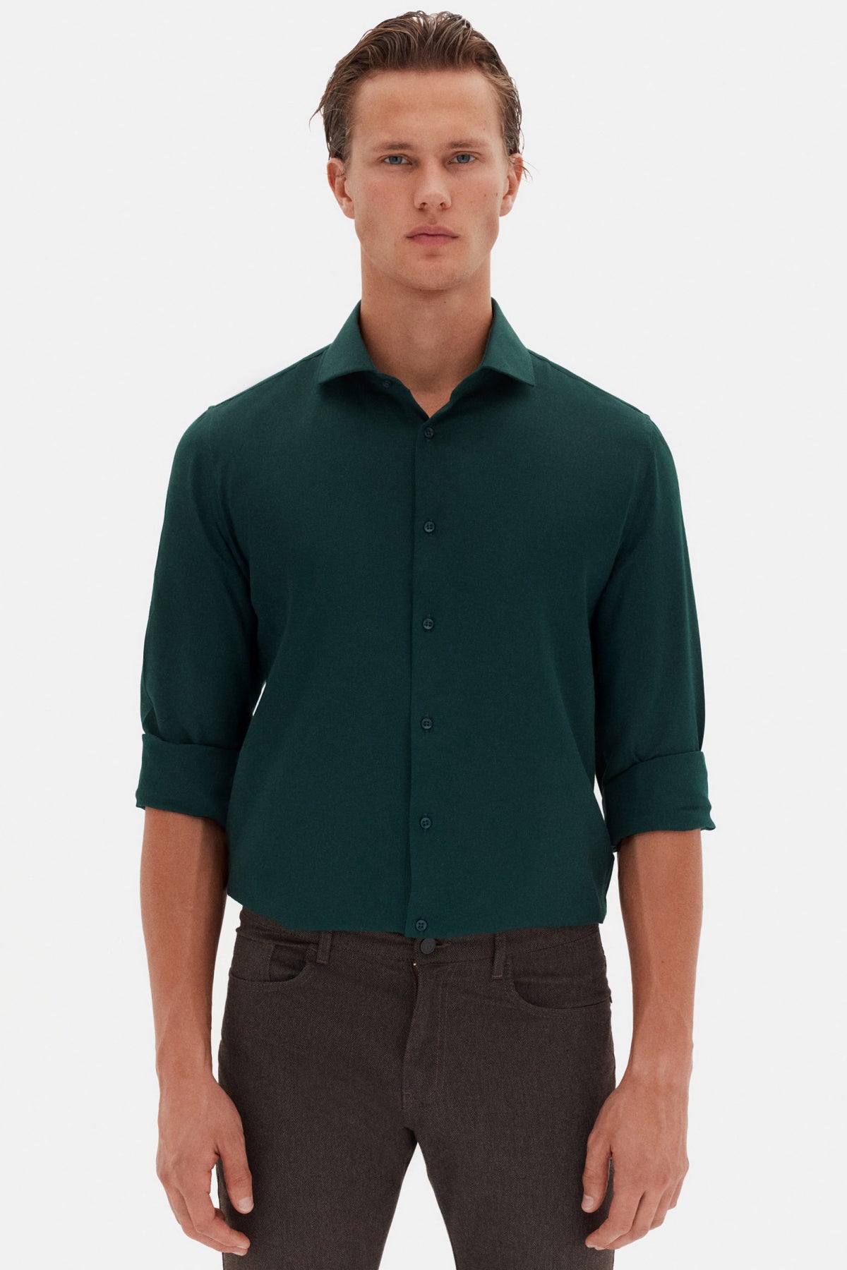 Ds Damat Slim Fit Italian Collar Textured Long-Sleeve Easy-Iron Breathable Four-Season Shirt - Dark Green