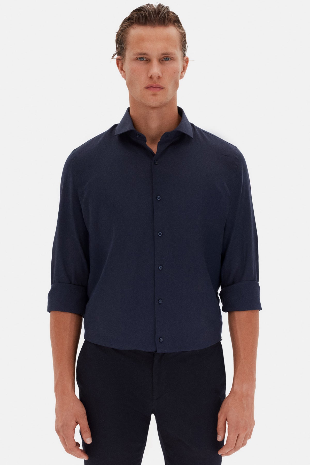 Ds Damat Slim Fit Italian Collar Textured Long-Sleeve Easy-Iron Breathable Four-Season Shirt - Navy Blue
