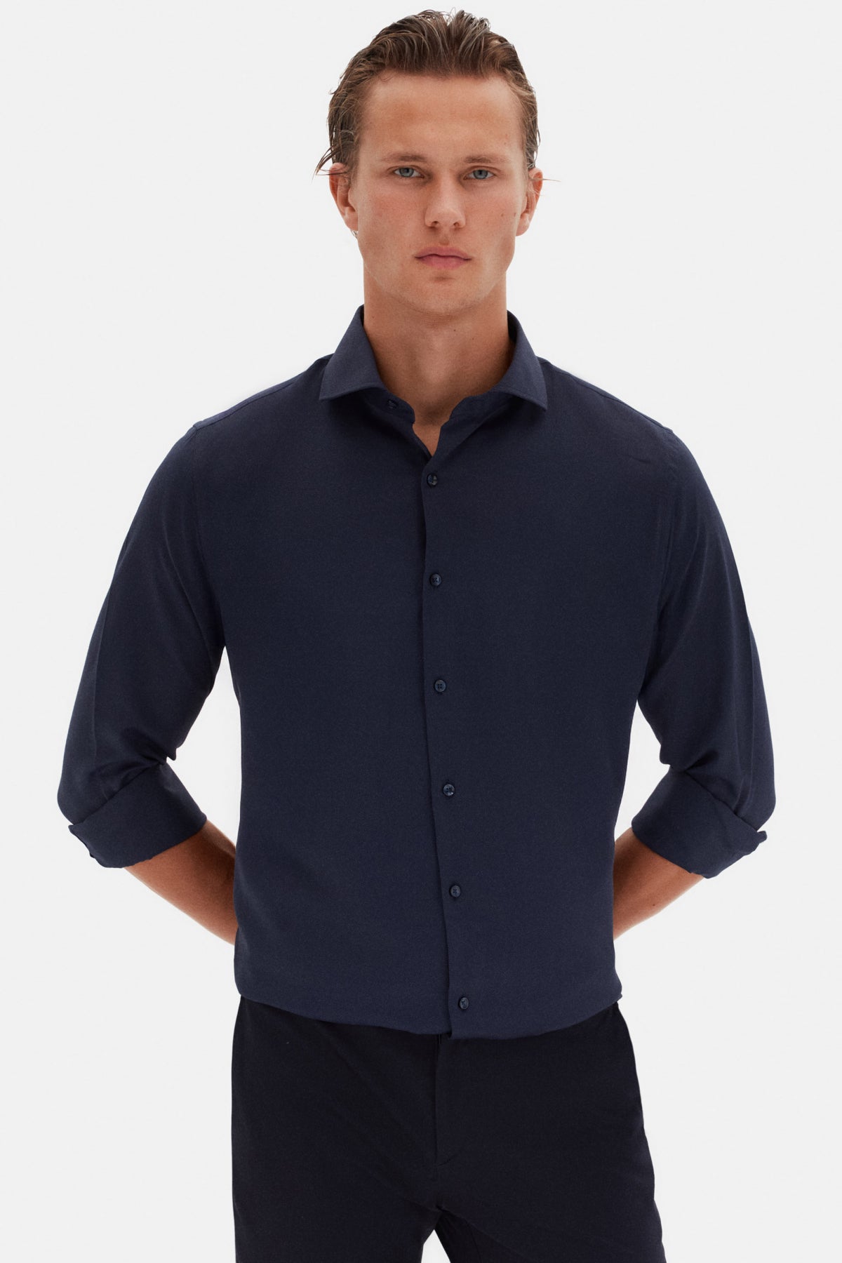 Ds Damat Slim Fit Italian Collar Textured Long-Sleeve Easy-Iron Breathable Four-Season Shirt - Navy Blue