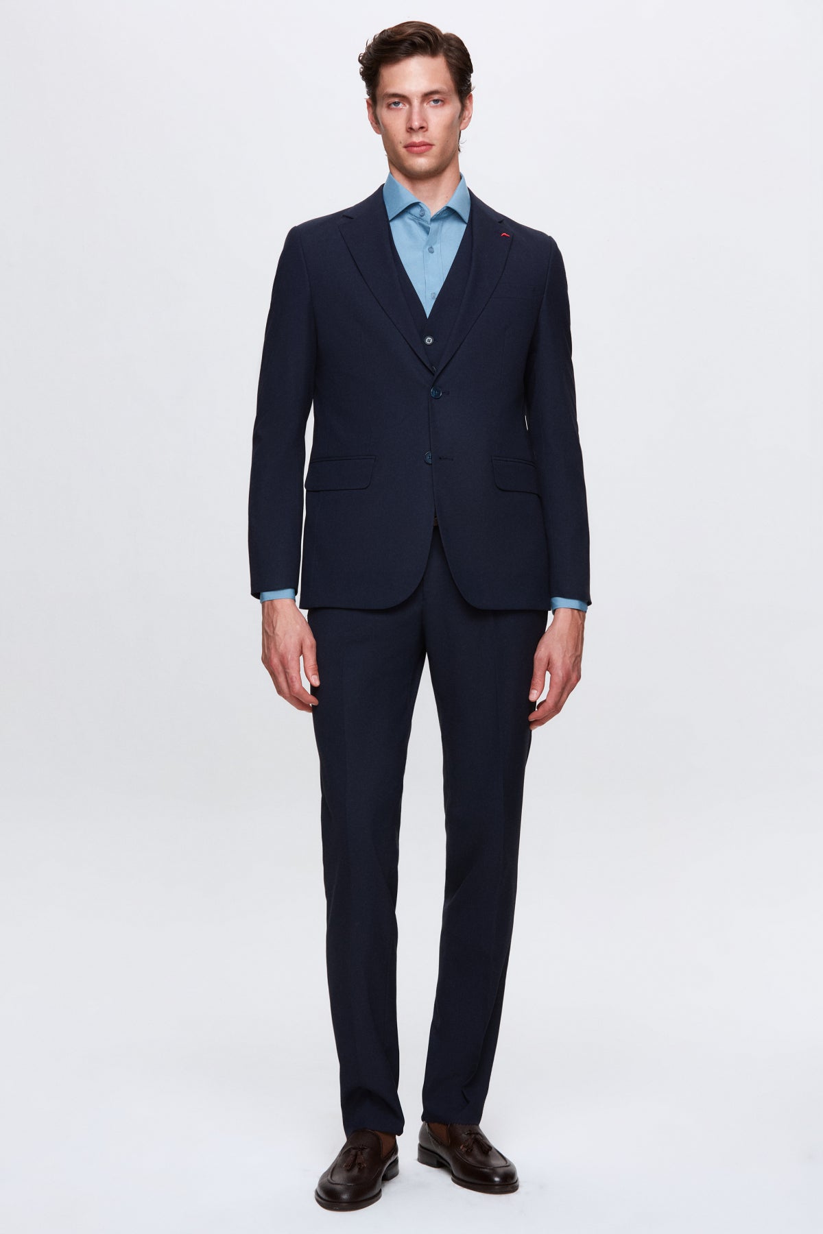 Ds Damat Slim Fit Mono Collar Single Vent Lined Suit with Vest - Navy Blue