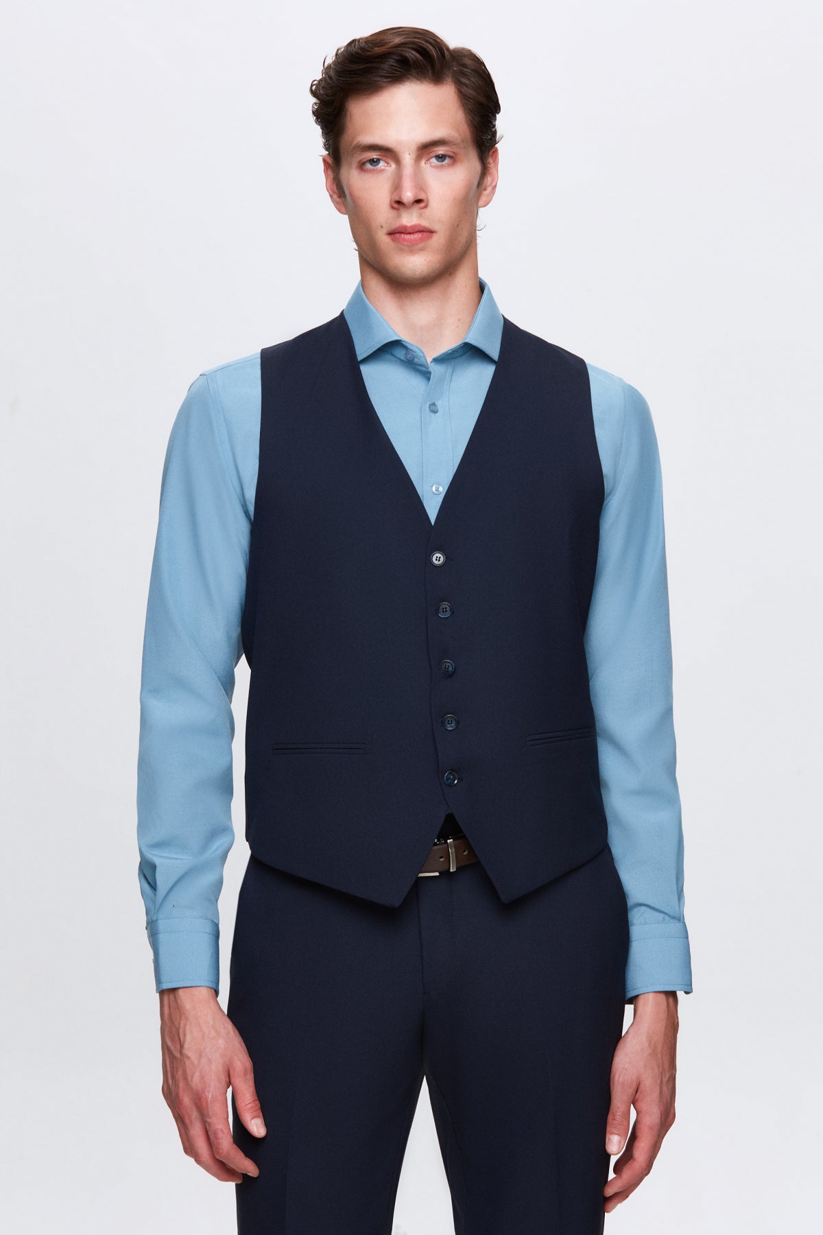 Ds Damat Slim Fit Mono Collar Single Vent Lined Suit with Vest - Navy Blue