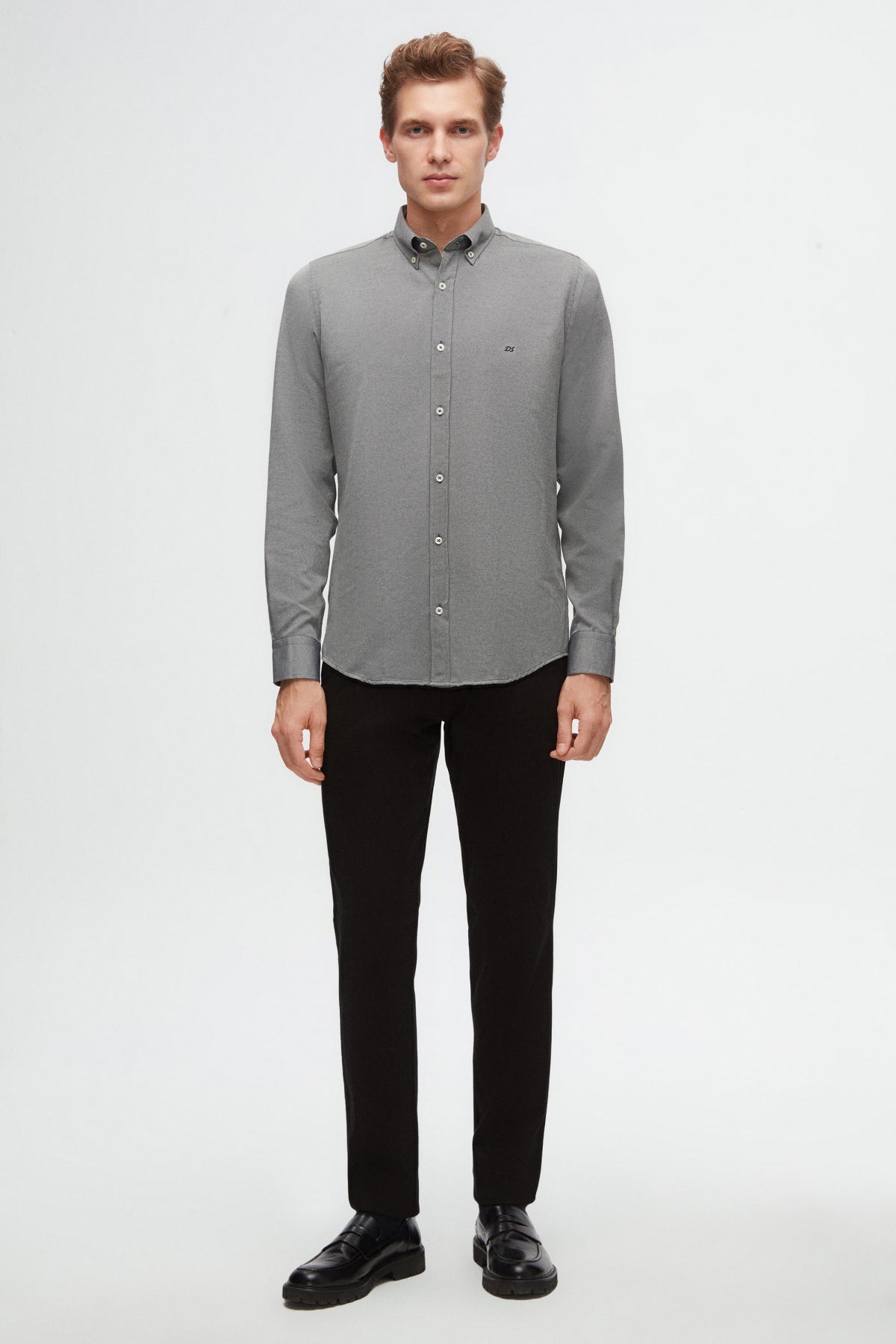 Ds Damat Slim Fit Oxford Button-Down Easy Iron Embroidered Detail Cotton Shirt - Anthracite