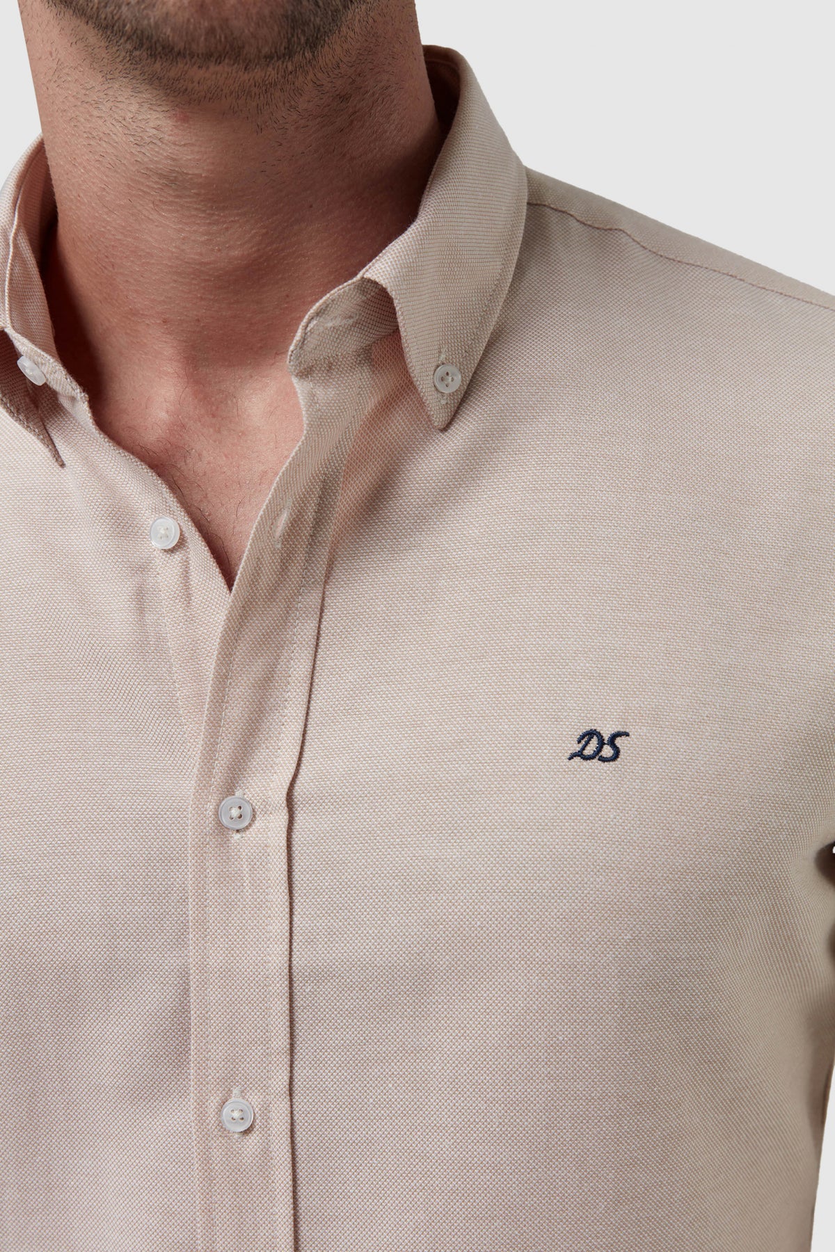 Ds Damat Slim Fit Oxford Button-Down Easy Iron Embroidered Detail Cotton Shirt - Beige
