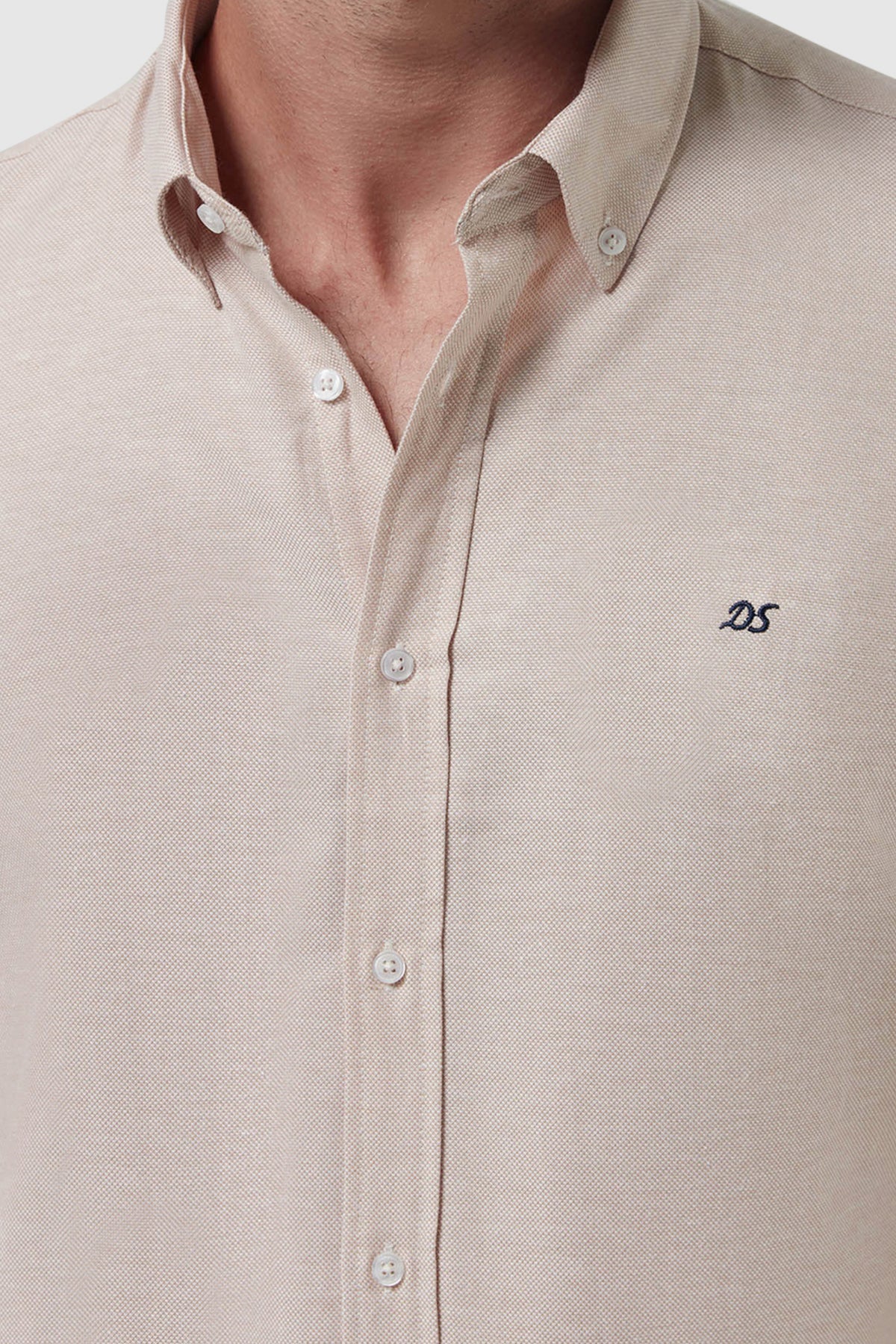 Ds Damat Slim Fit Oxford Button-Down Easy Iron Embroidered Detail Cotton Shirt - Beige