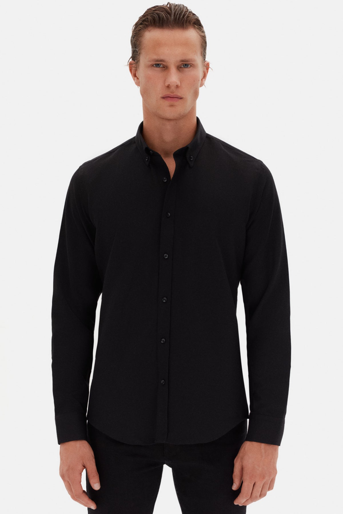 Ds Damat Slim Fit Oxford Button-Down Easy Iron Embroidered Detail Cotton Shirt - Black