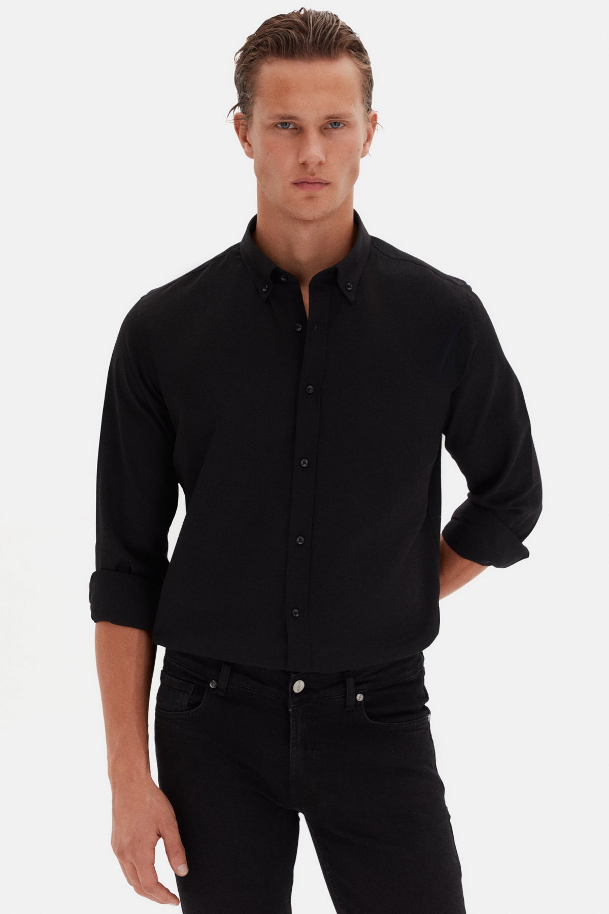 Ds Damat Slim Fit Oxford Button-Down Easy Iron Embroidered Detail Cotton Shirt - Black