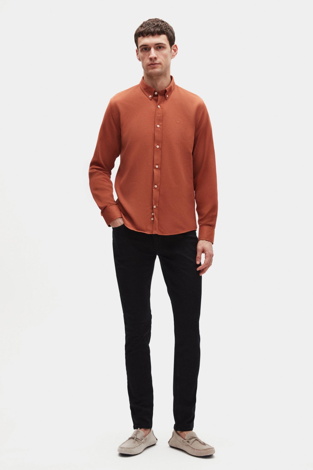 Ds Damat Slim Fit Oxford Button-Down Easy Iron Embroidered Detail Cotton Shirt - Cinnamon