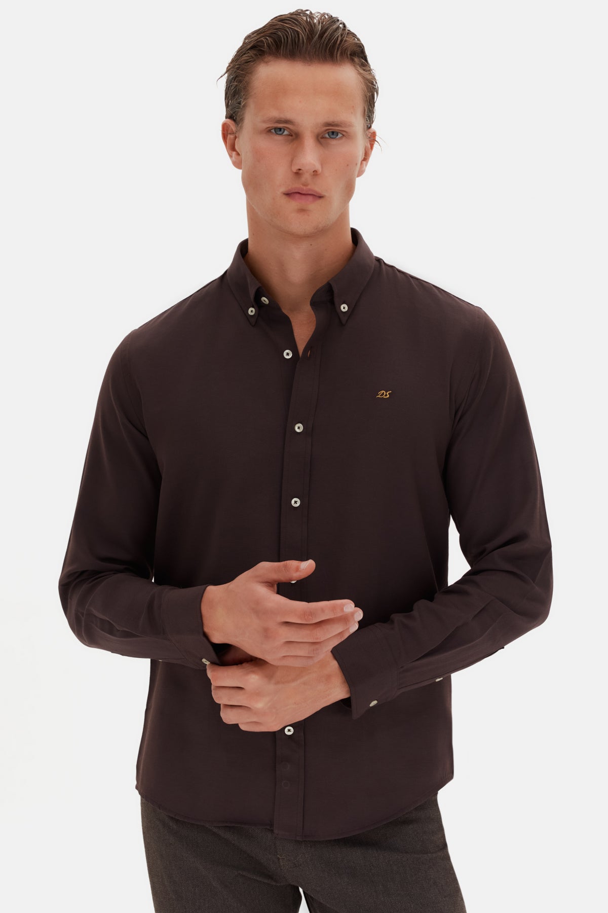 Ds Damat Slim Fit Oxford Button-Down Easy Iron Embroidered Detail Cotton Shirt - Dark Brown
