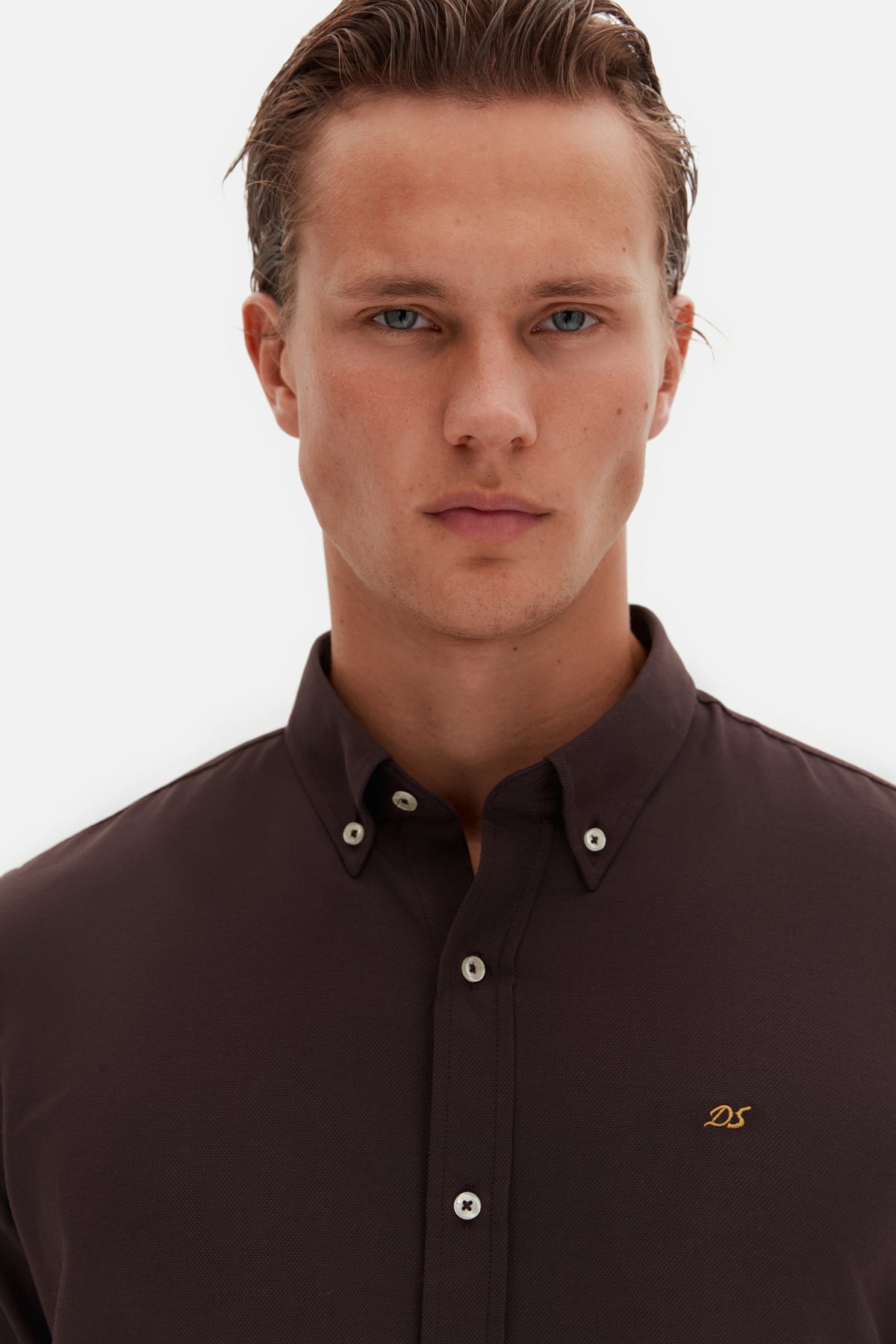 Ds Damat Slim Fit Oxford Button-Down Easy Iron Embroidered Detail Cotton Shirt - Dark Brown