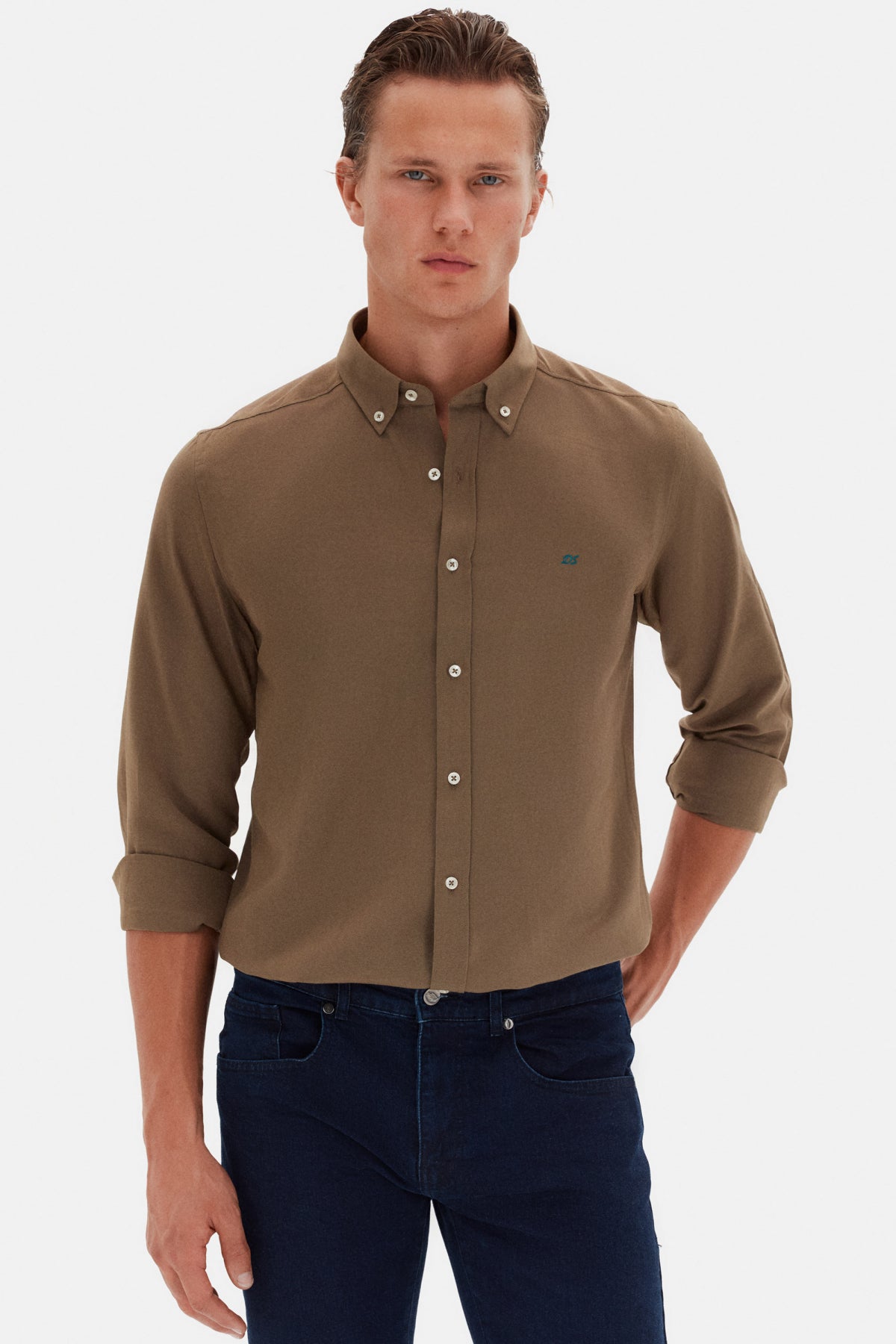 Ds Damat Slim Fit Oxford Button-Down Easy Iron Embroidered Detail Cotton Shirt - Khaki