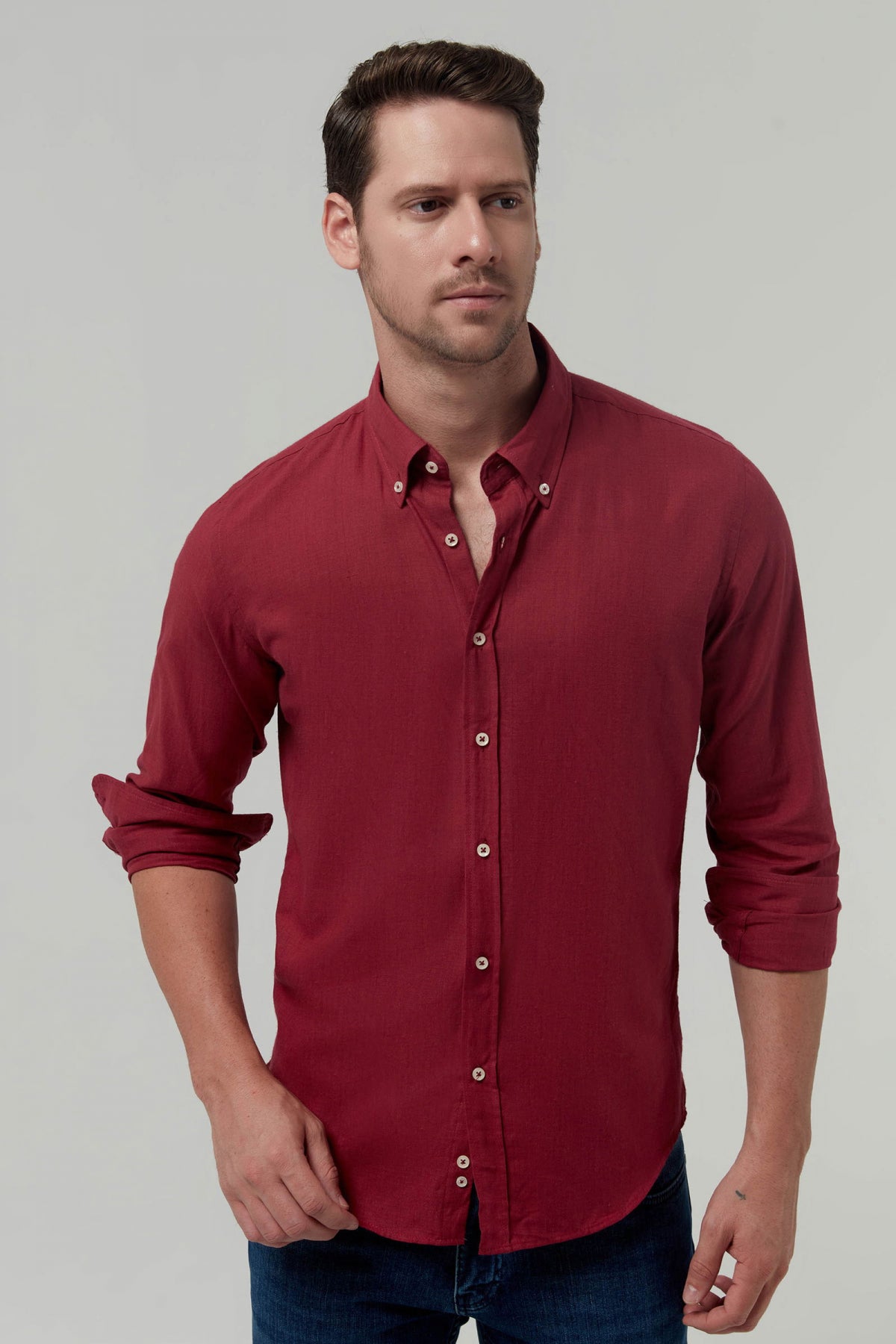 Ds Damat Slim Fit Plain Cotton Shirt - Brick