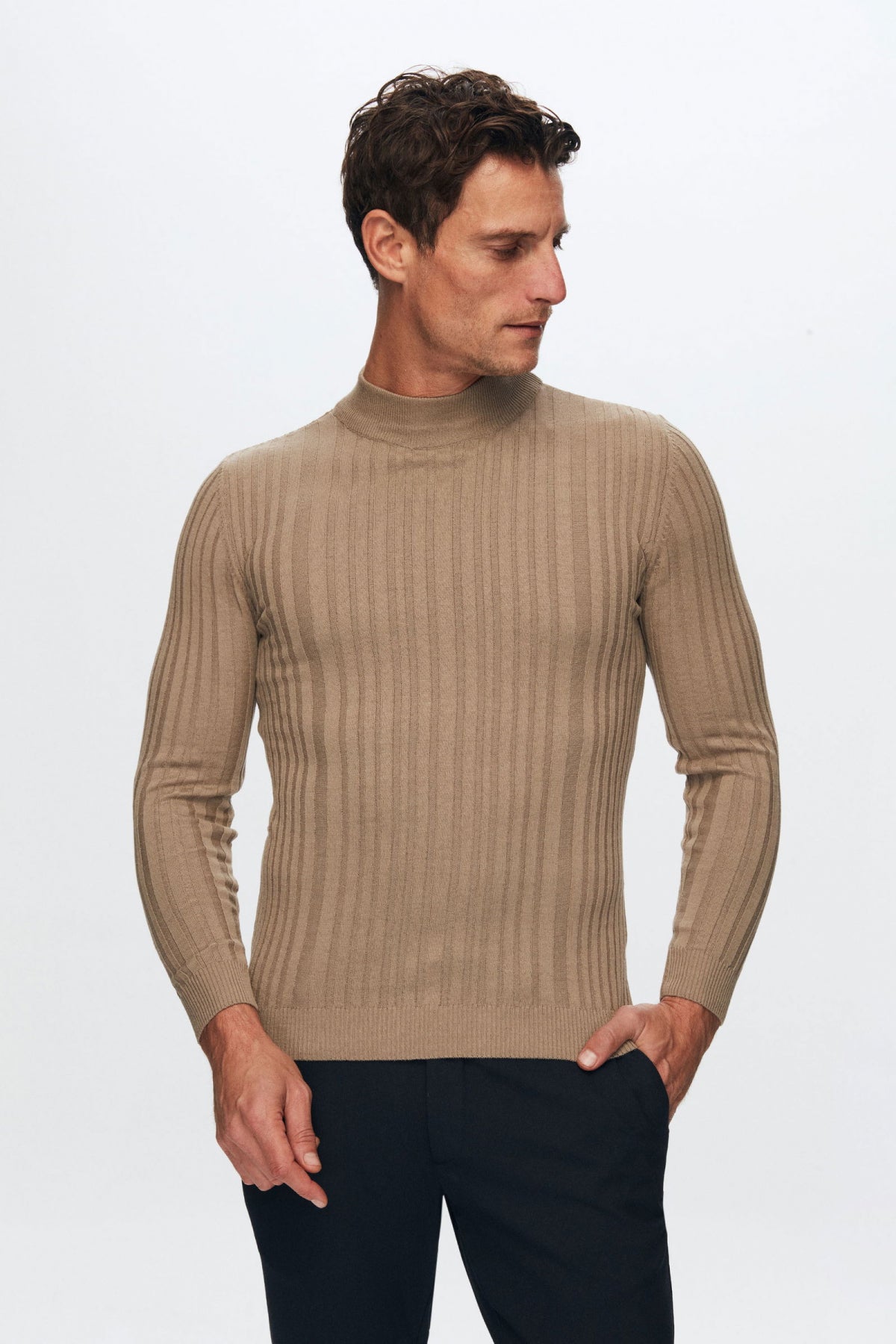 Ds Damat Slim Fit Ribbed Cotton Blend Half-Turtleneck Slim Fit Sweater  - Beige