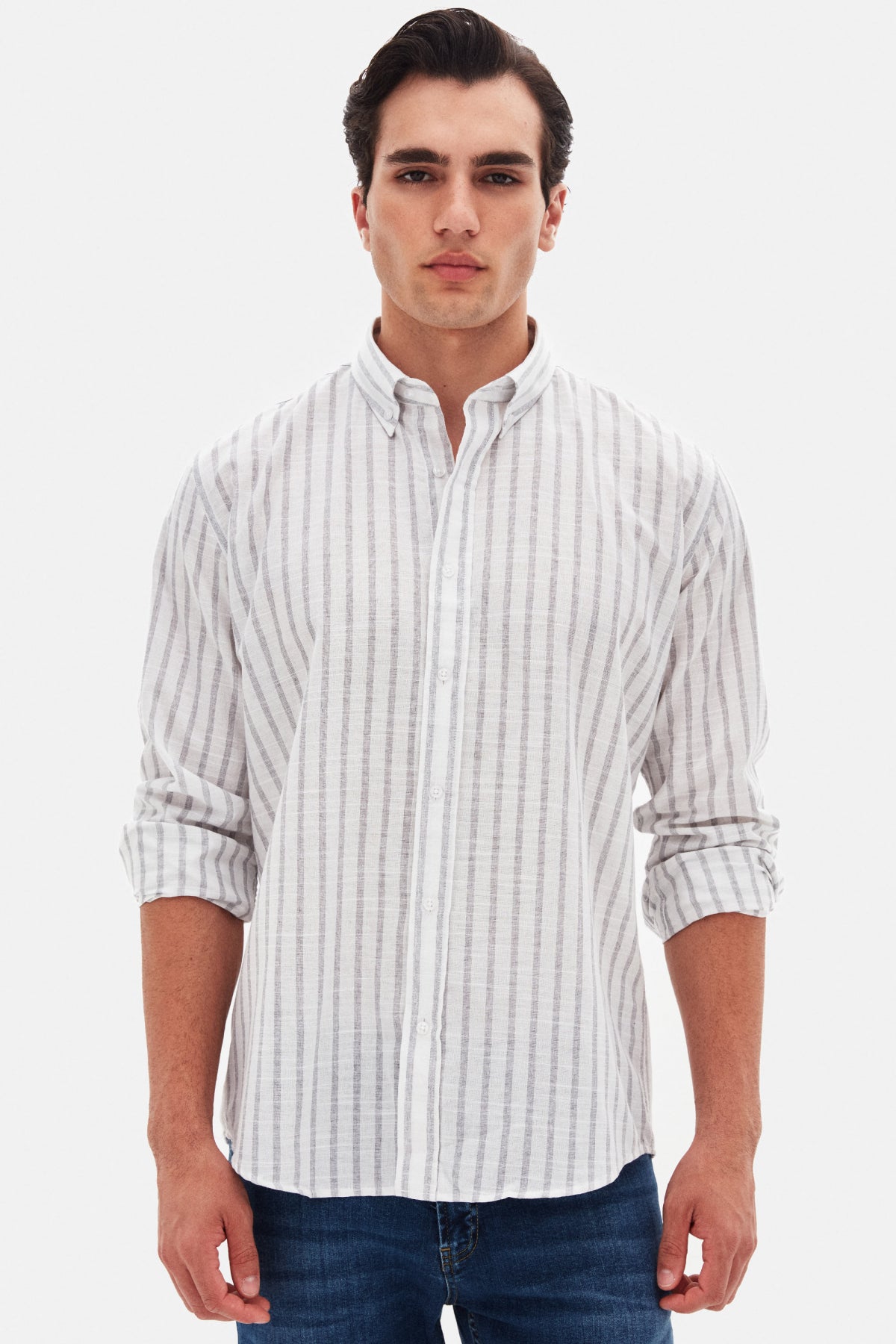 Ds Damat Slim Fit Striped Button-Down Collar 100% Cotton Lightweight Linen-Look Shirt - Gray