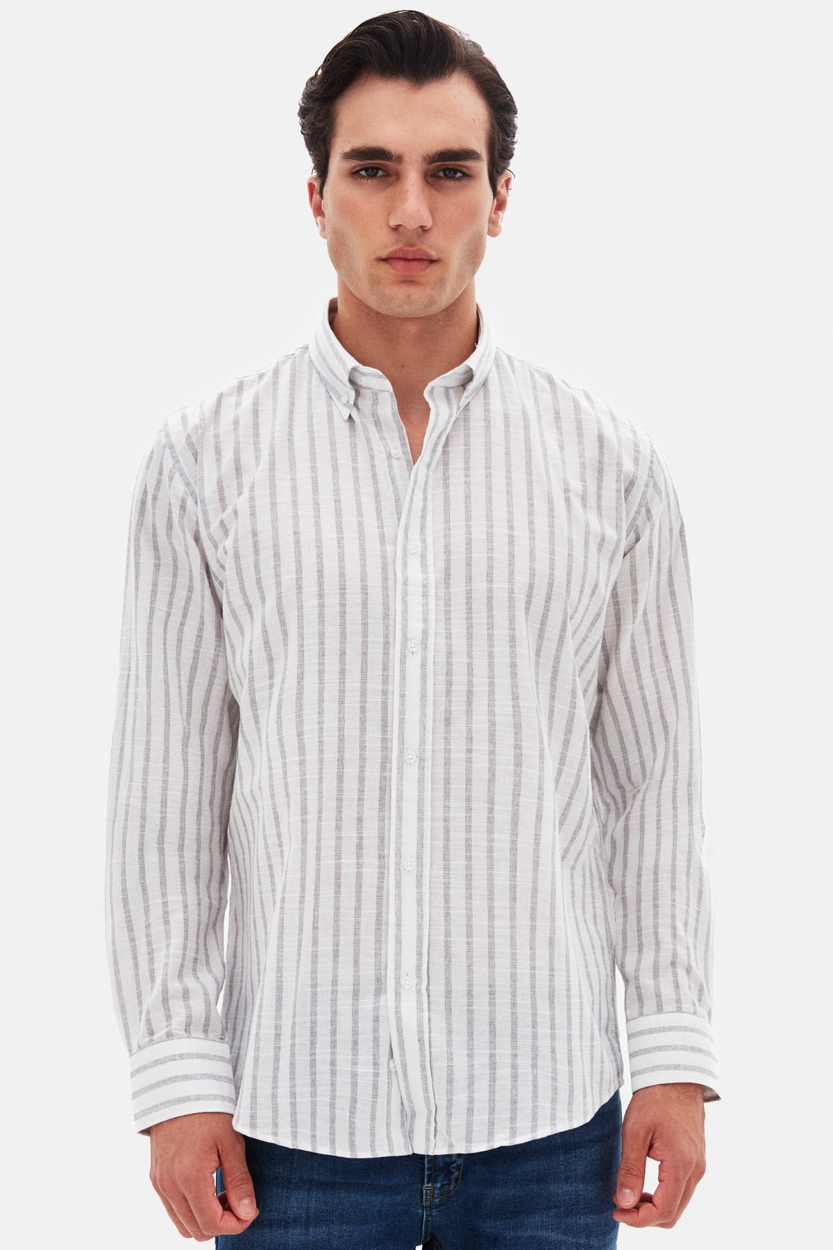 Ds Damat Slim Fit Striped Button-Down Collar 100% Cotton Lightweight Linen-Look Shirt - Gray