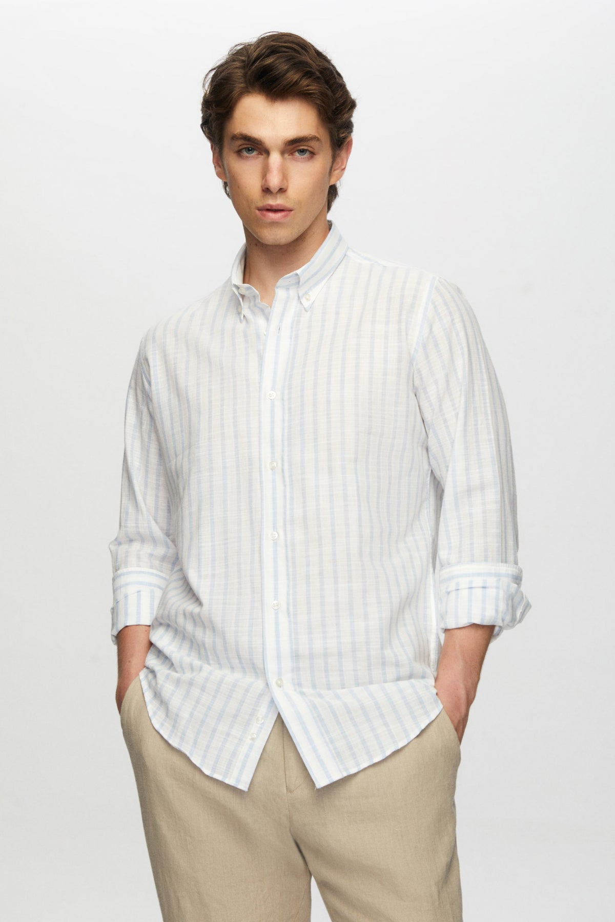 Ds Damat Slim Fit Striped Button-Down Collar 100% Cotton Lightweight Linen-Look Shirt - Light Blue