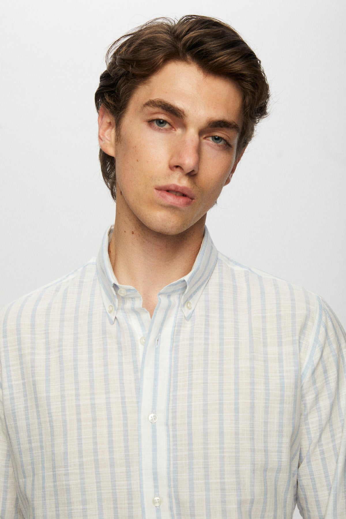 Ds Damat Slim Fit Striped Button-Down Collar 100% Cotton Lightweight Linen-Look Shirt - Light Blue