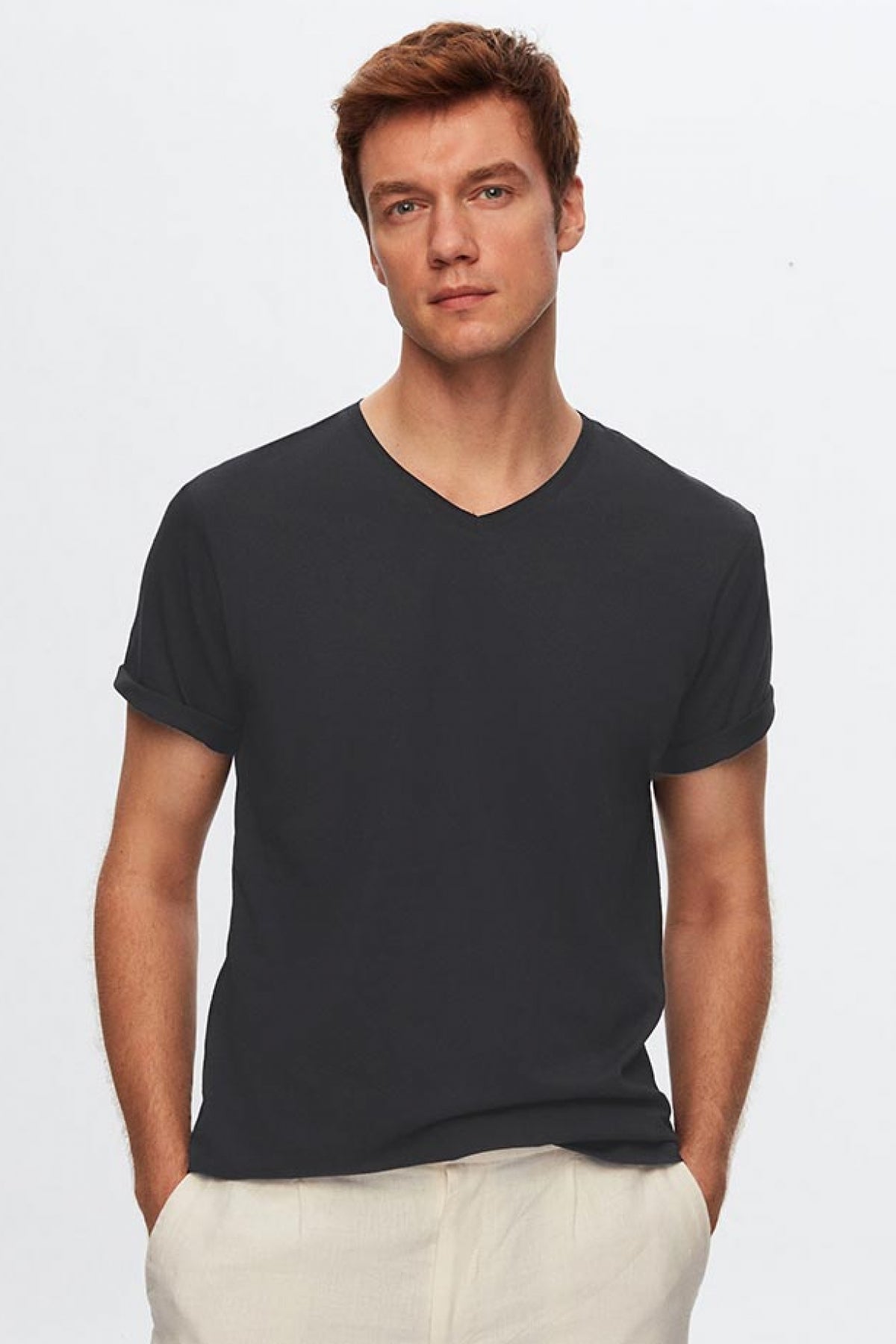 Ds Damat Slim Fit V-Neck 100% Cotton T-Shirt - Anthracite