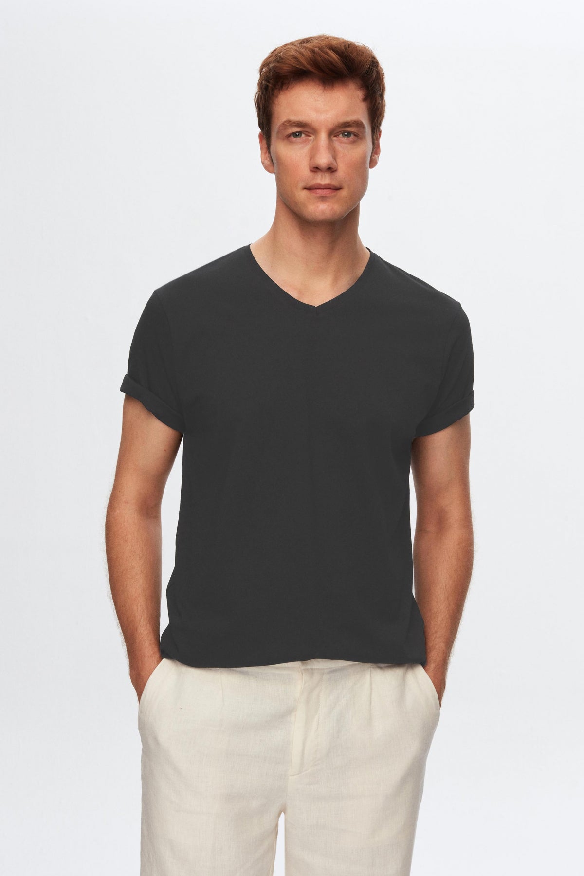 Ds Damat Slim Fit V-Neck 100% Cotton T-Shirt - Anthracite