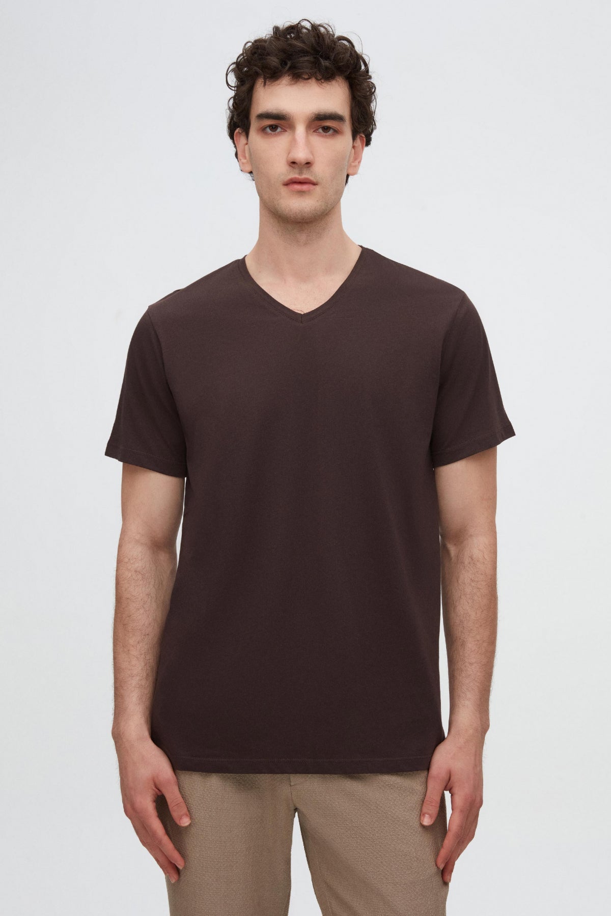 Ds Damat Slim Fit V-Neck 100% Cotton T-Shirt - Brown