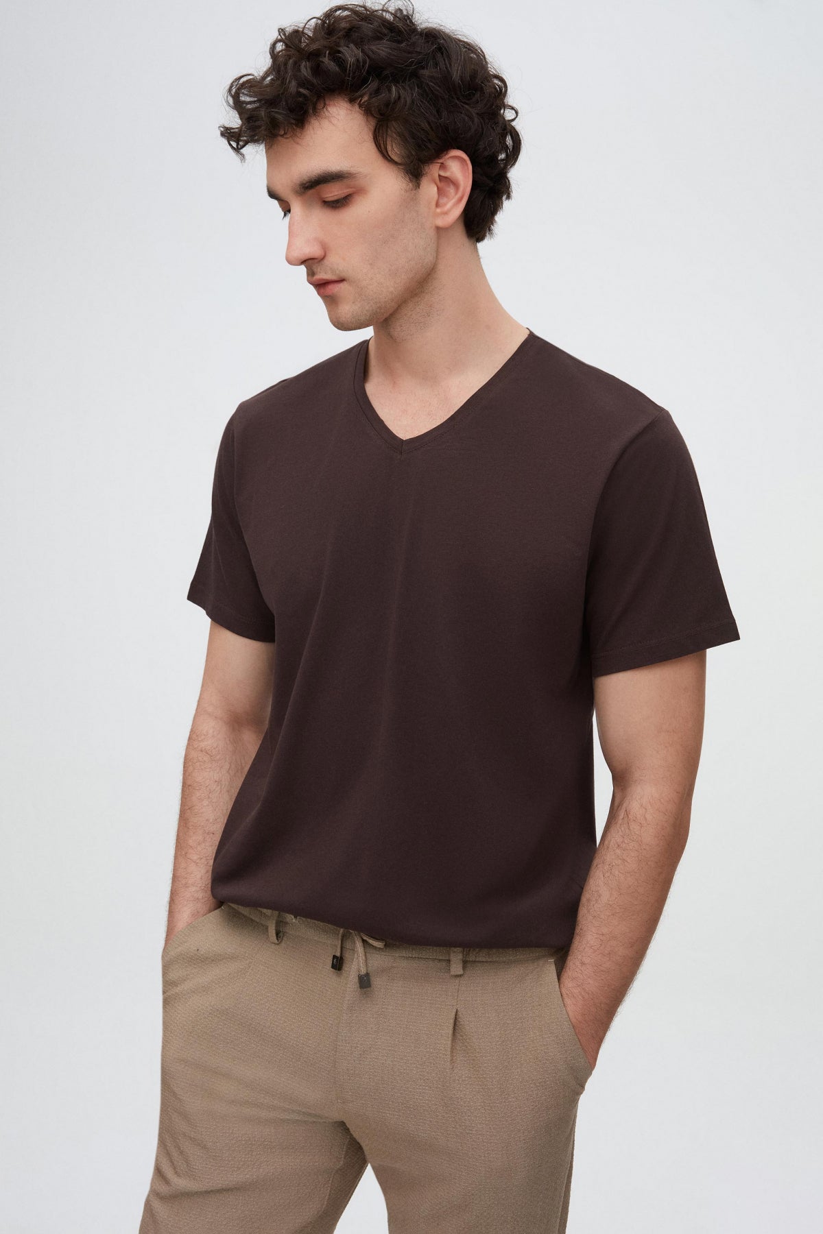 Ds Damat Slim Fit V-Neck 100% Cotton T-Shirt - Brown