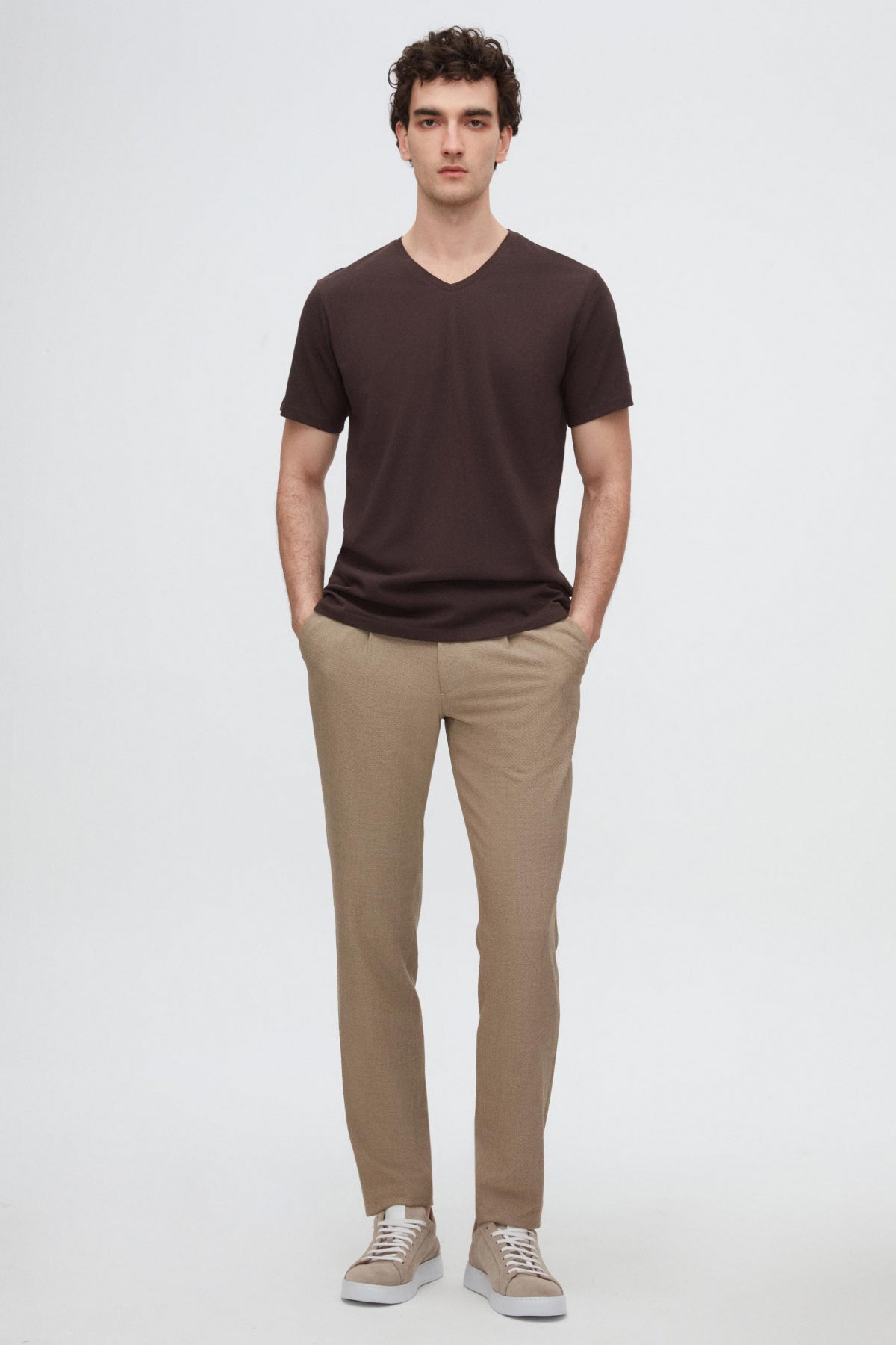 Ds Damat Slim Fit V-Neck 100% Cotton T-Shirt - Brown