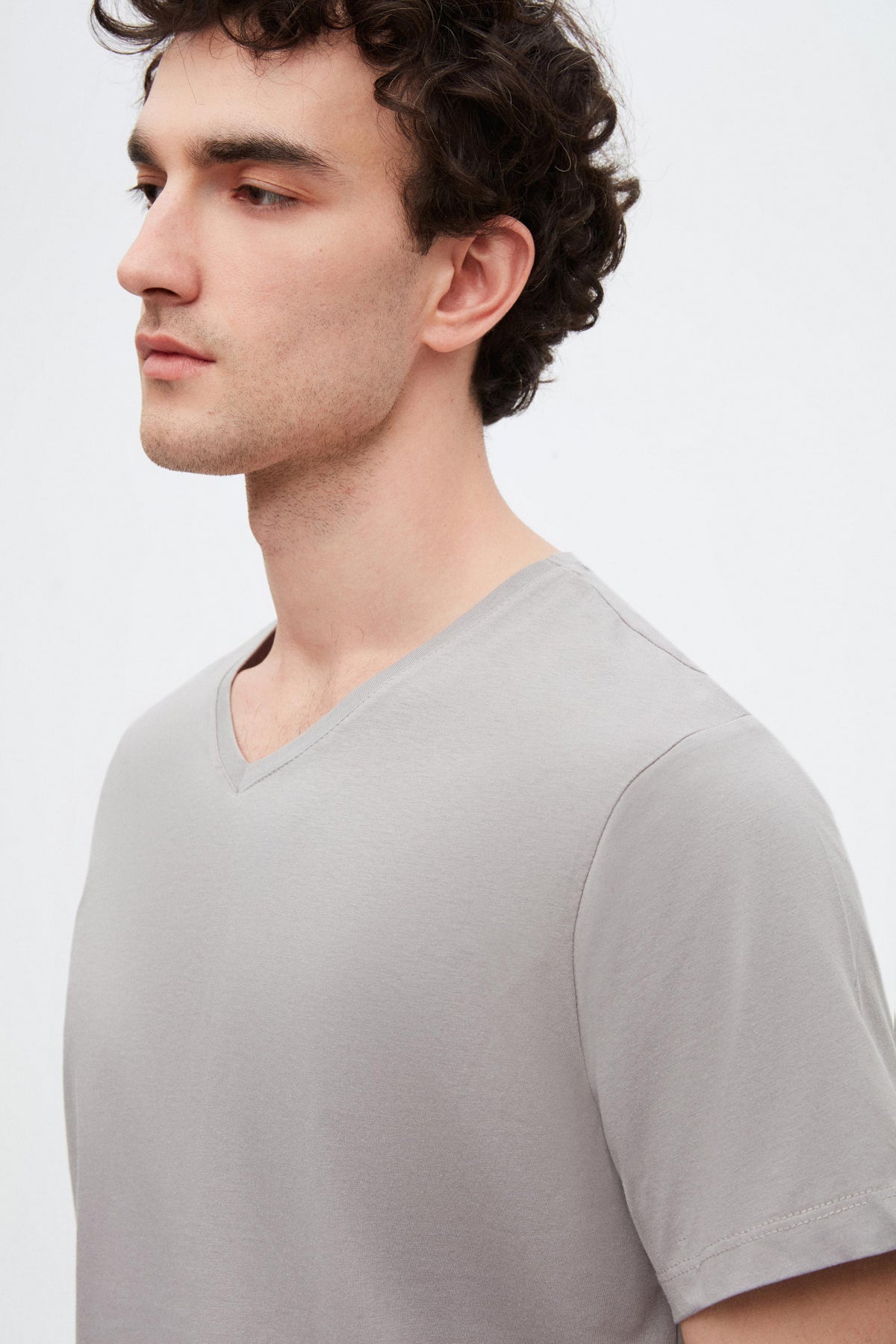 Ds Damat Slim Fit V-Neck 100% Cotton T-Shirt - Gray