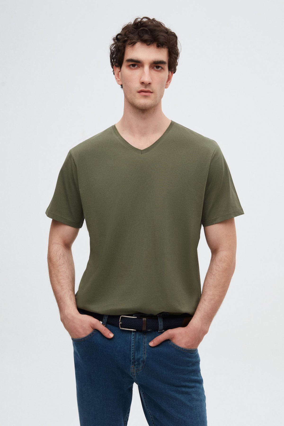 Ds Damat Slim Fit V-Neck 100% Cotton T-Shirt - Khaki
