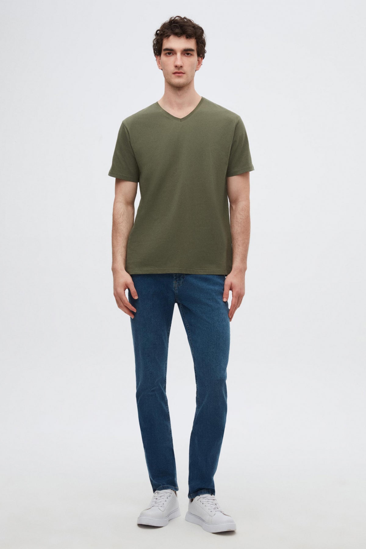 Ds Damat Slim Fit V-Neck 100% Cotton T-Shirt - Khaki