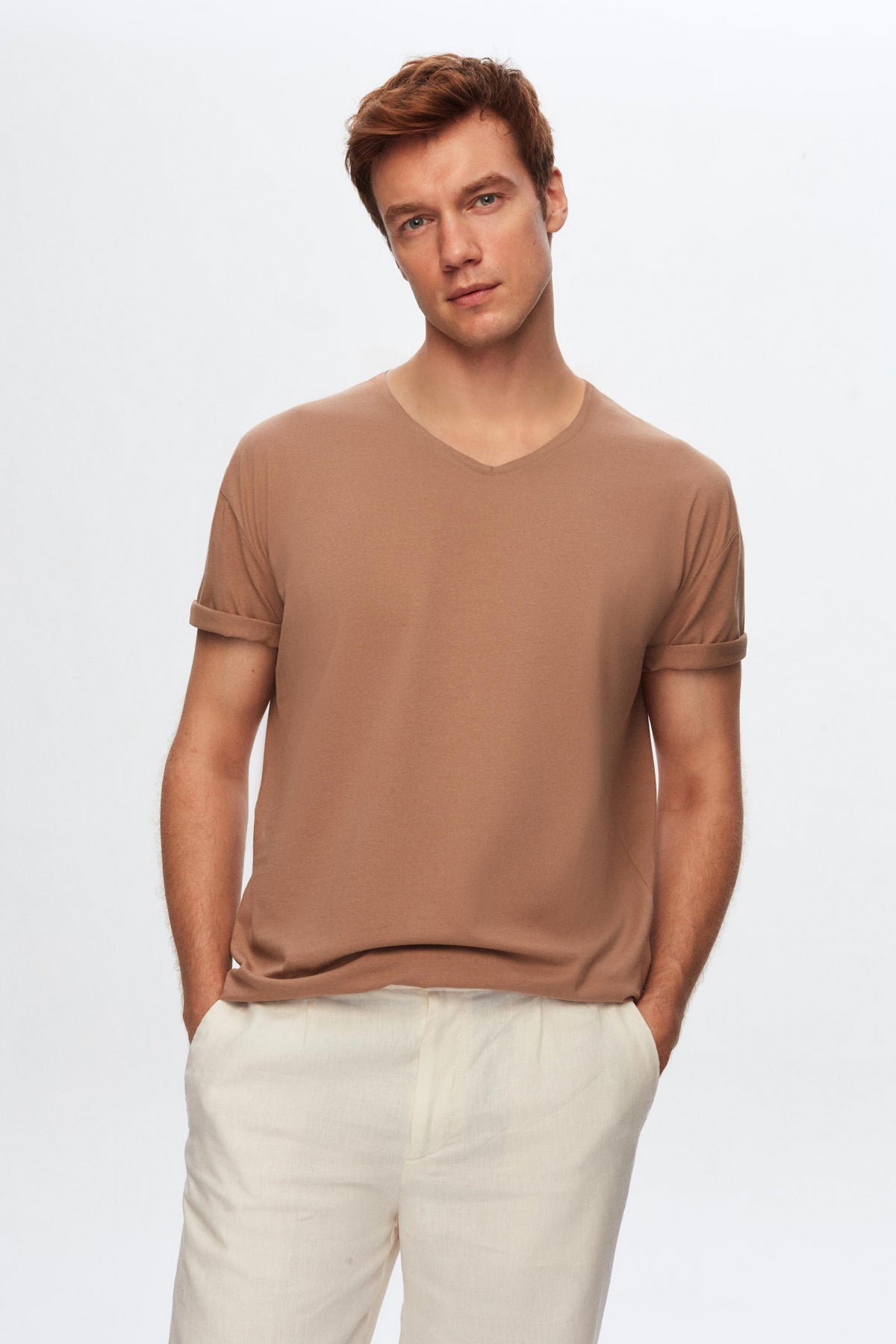 Ds Damat Slim Fit V-Neck 100% Cotton T-Shirt - Taupe