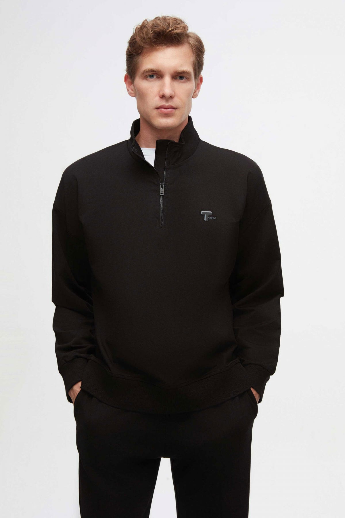 Twn Oversize Plain Half-Zip Cotton Seasonal Sweatshirt  - Black