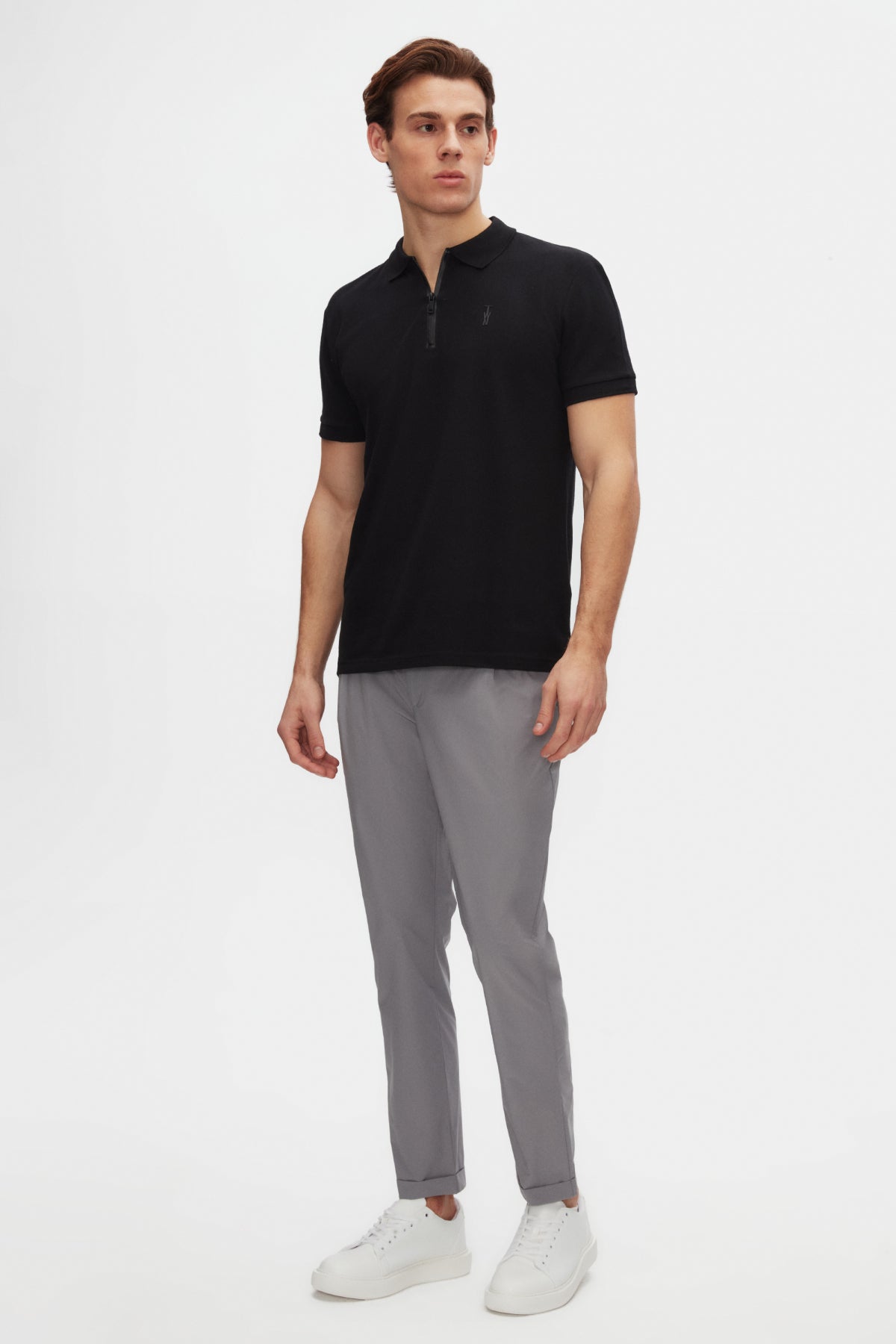 Twn Slim Fit Textured Half-Zip Polo Collar T-Shirt - Black