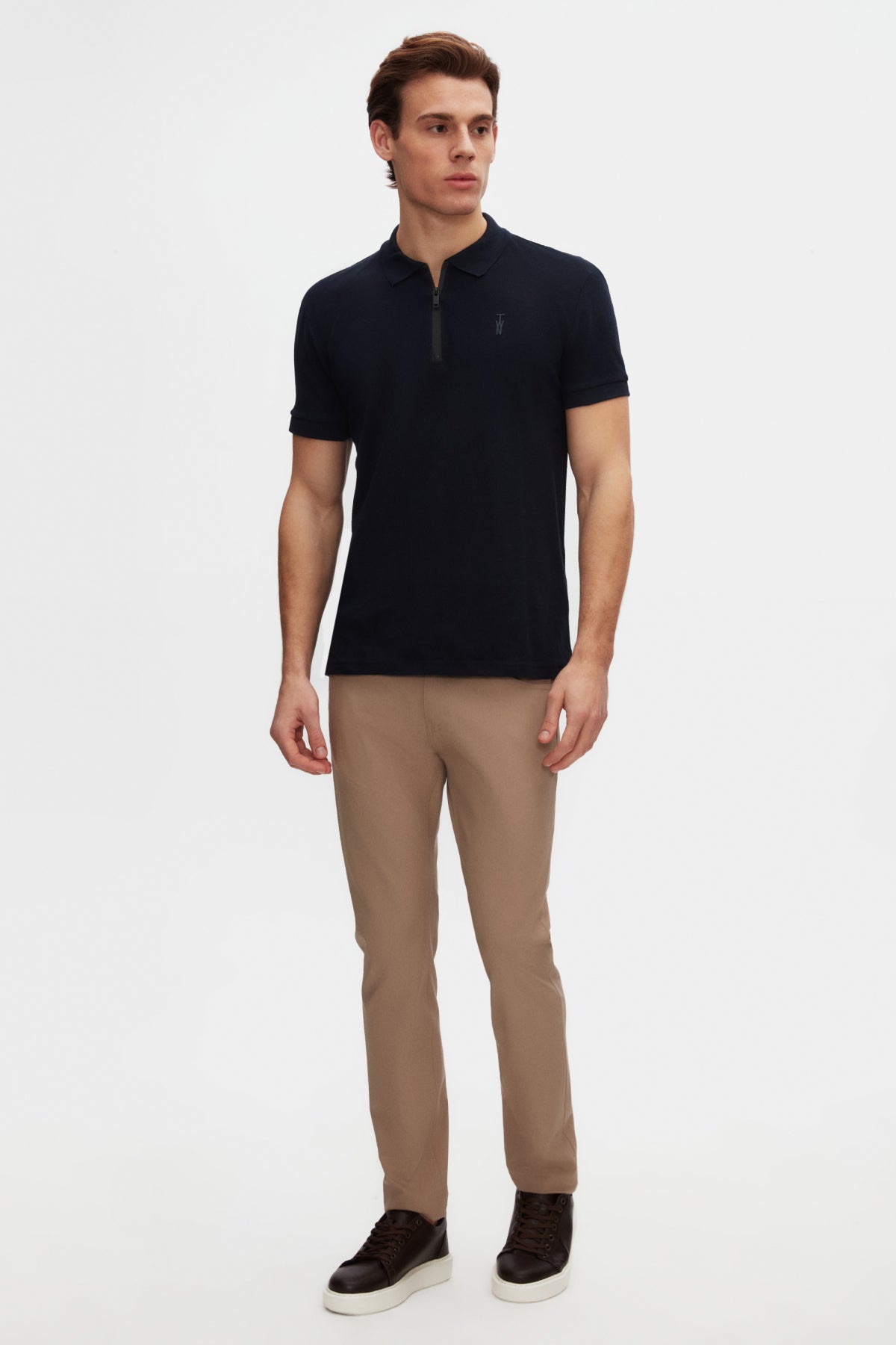 Twn Slim Fit Textured Half-Zip Polo Collar T-Shirt - Navy Blue