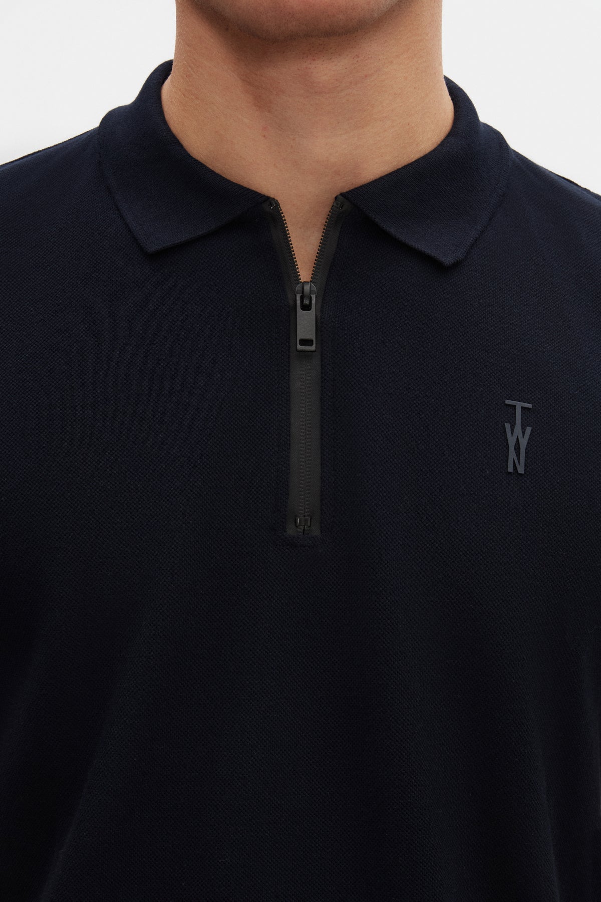 Twn Slim Fit Textured Half-Zip Polo Collar T-Shirt - Navy Blue