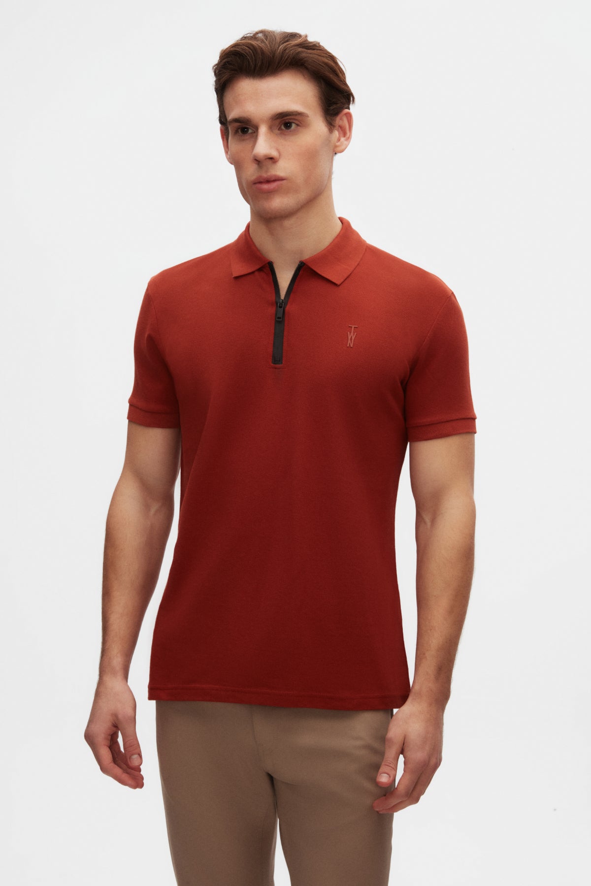 Twn Slim Fit Textured Half-Zip Polo Collar T-Shirt - Off White