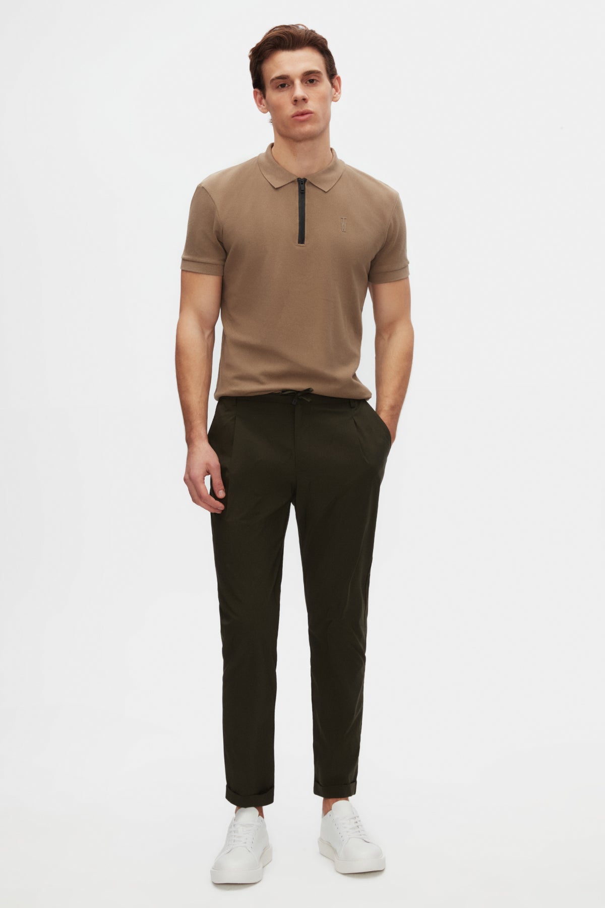 Twn Slim Fit Textured Half-Zip Polo Collar T-Shirt - Taupe