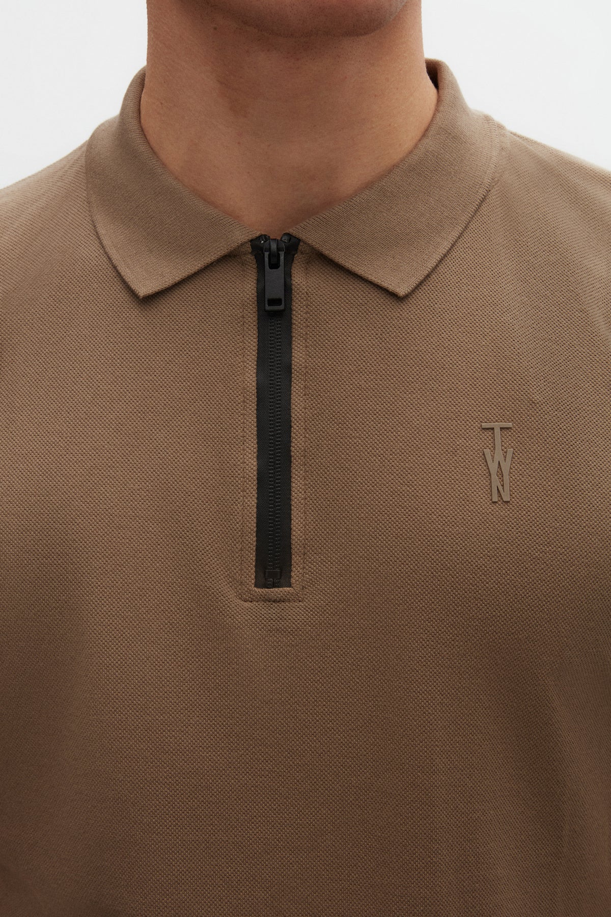 Twn Slim Fit Textured Half-Zip Polo Collar T-Shirt - Taupe