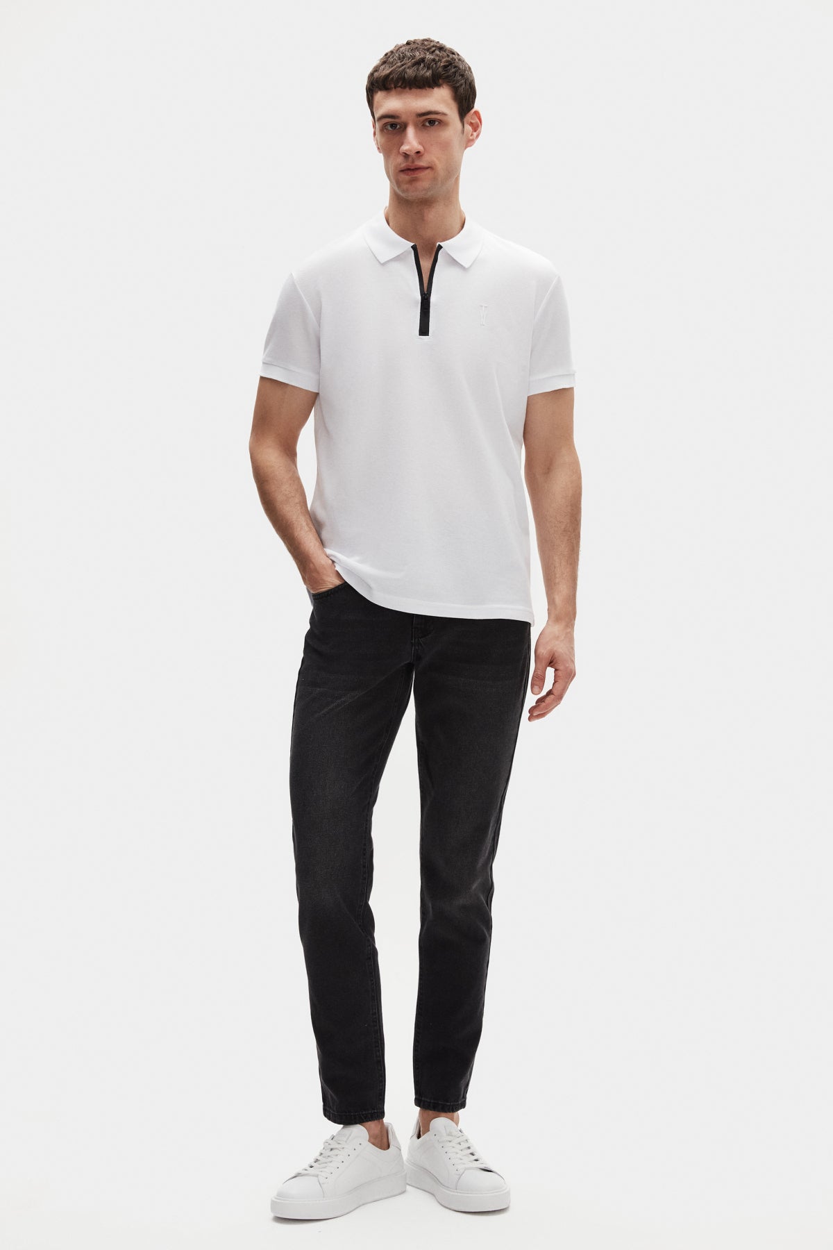 Twn Slim Fit Textured Half-Zip Polo Collar T-Shirt - White
