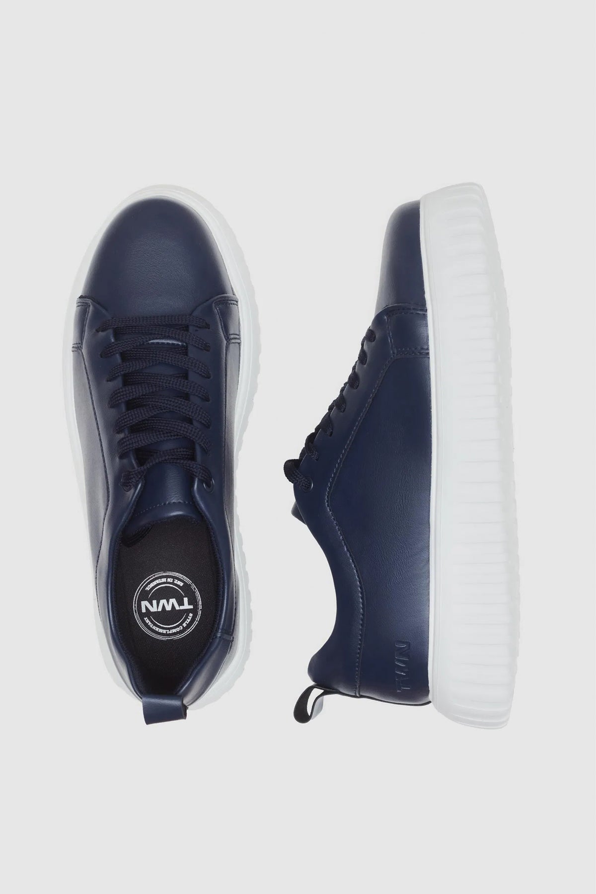 Twn Thick White Sole Lace-Up Sneakers - Navy Blue