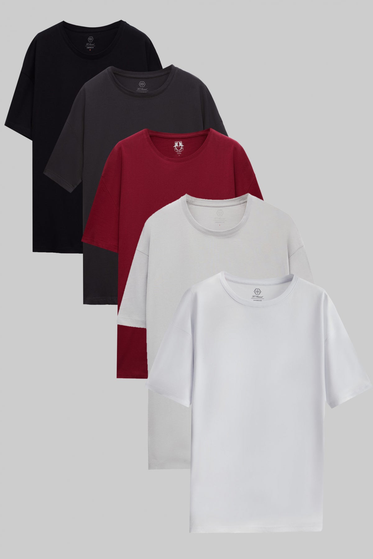 Ds Damat 5-Pack Oversize 100% Cotton T-Shirts  - Black/Anthracite/Burgundy/Gray/White